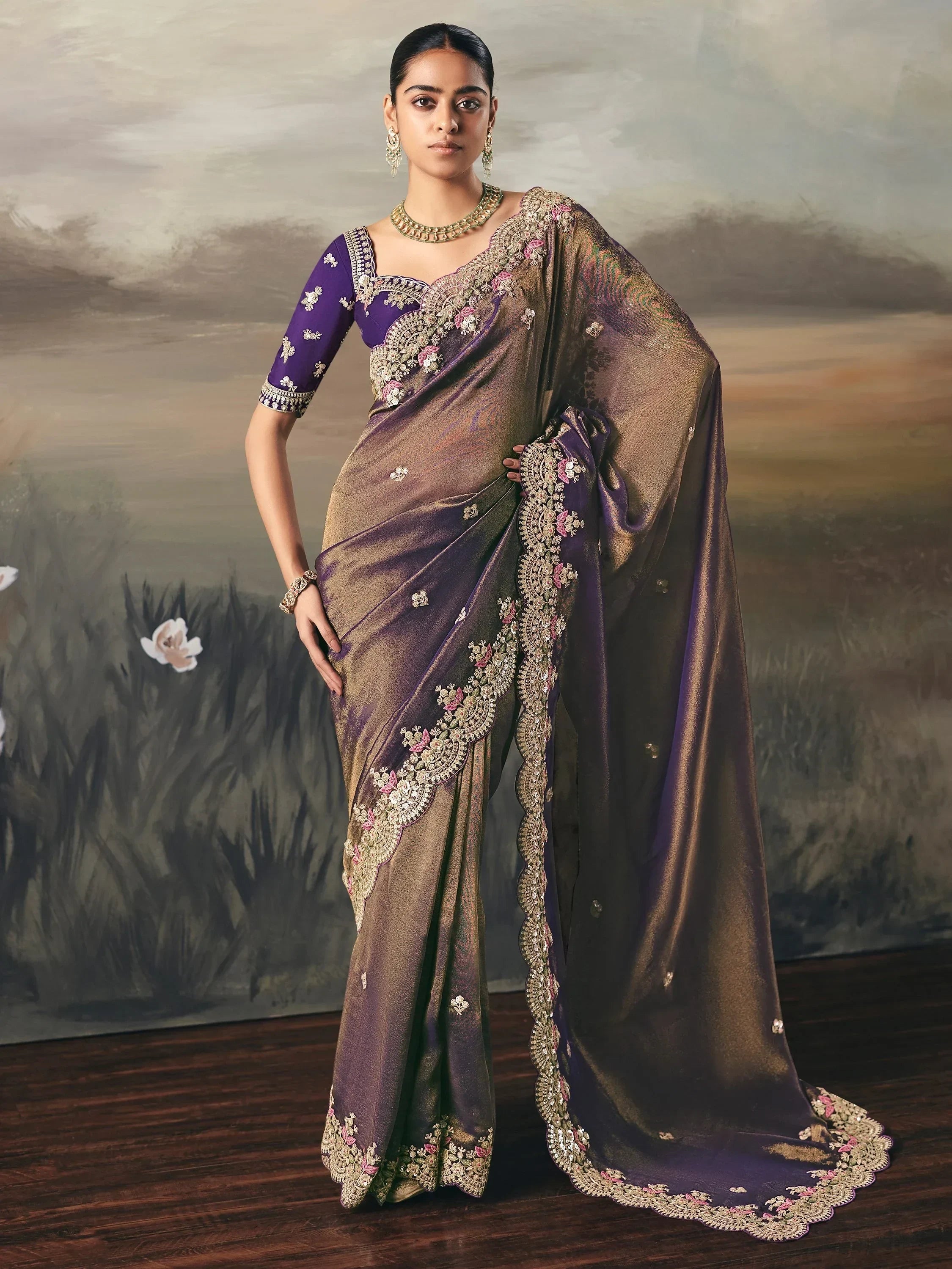 Stunning Brown Shaded Diamond Work Silk Party Wear Saree With Blouse