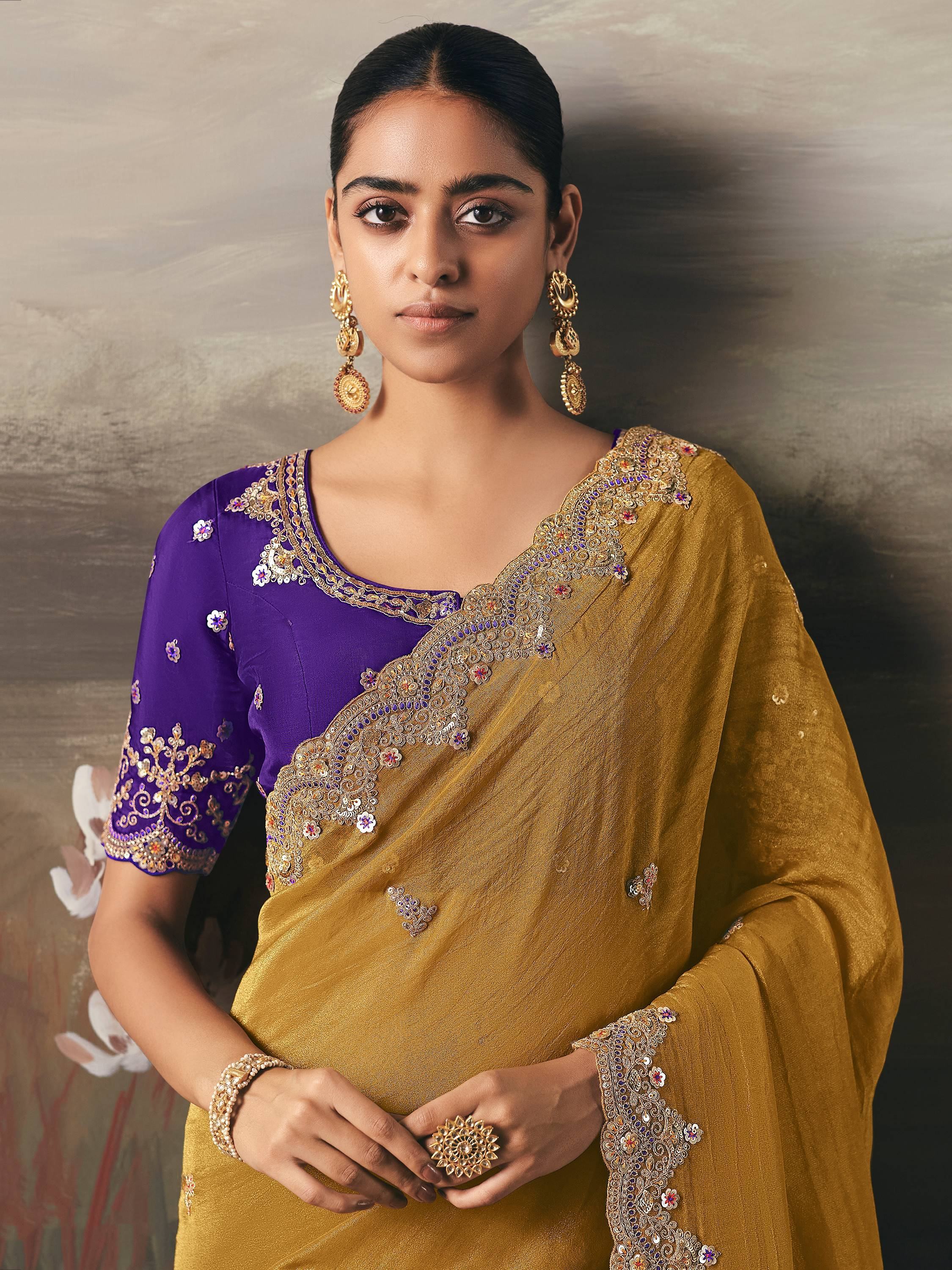 Pretty Yellow Stone Work Silk Wedding Wear Saree With Blouse