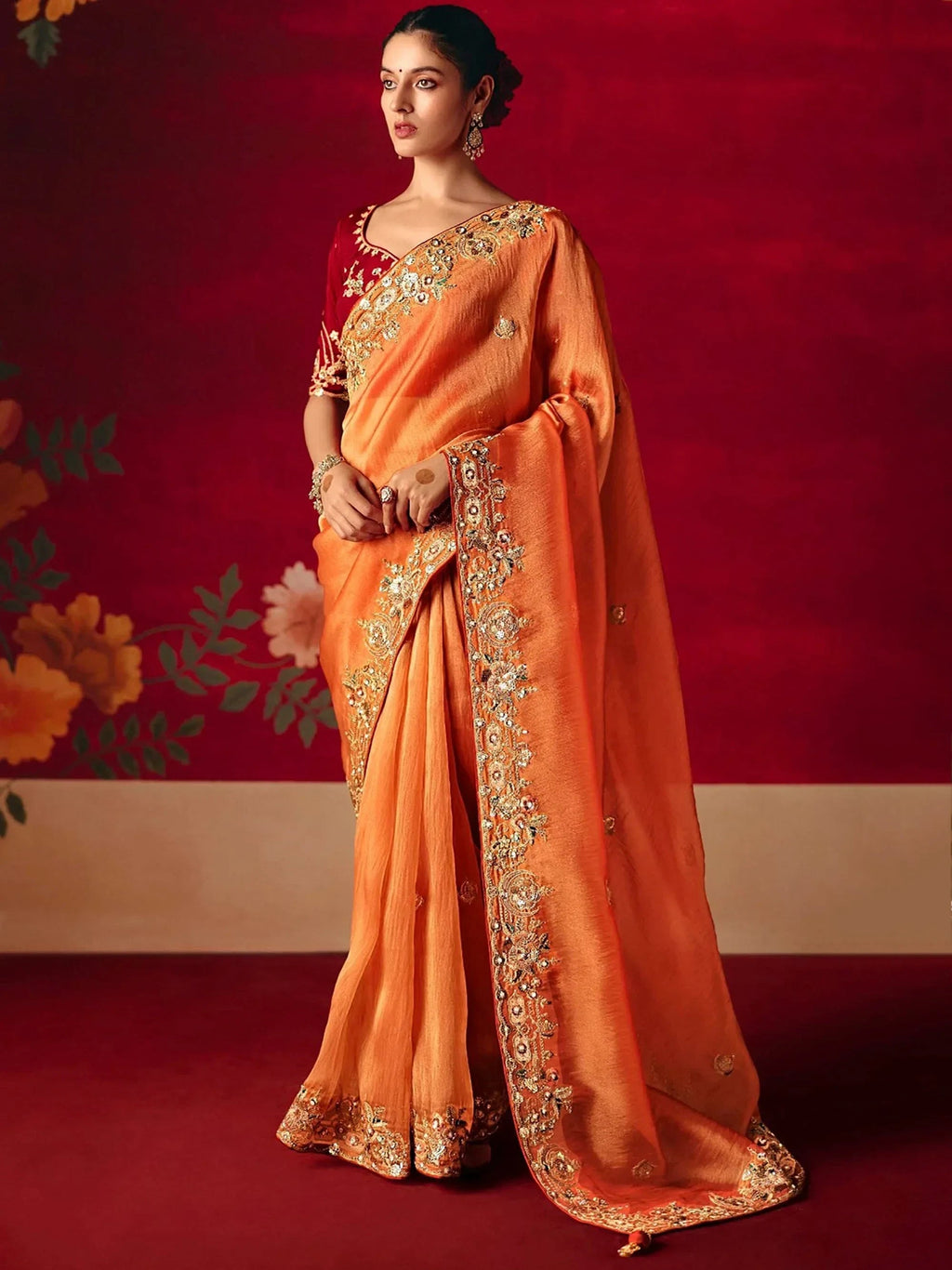 Pretty Orange Embroidered Organza Festive Wear Saree With Blouse