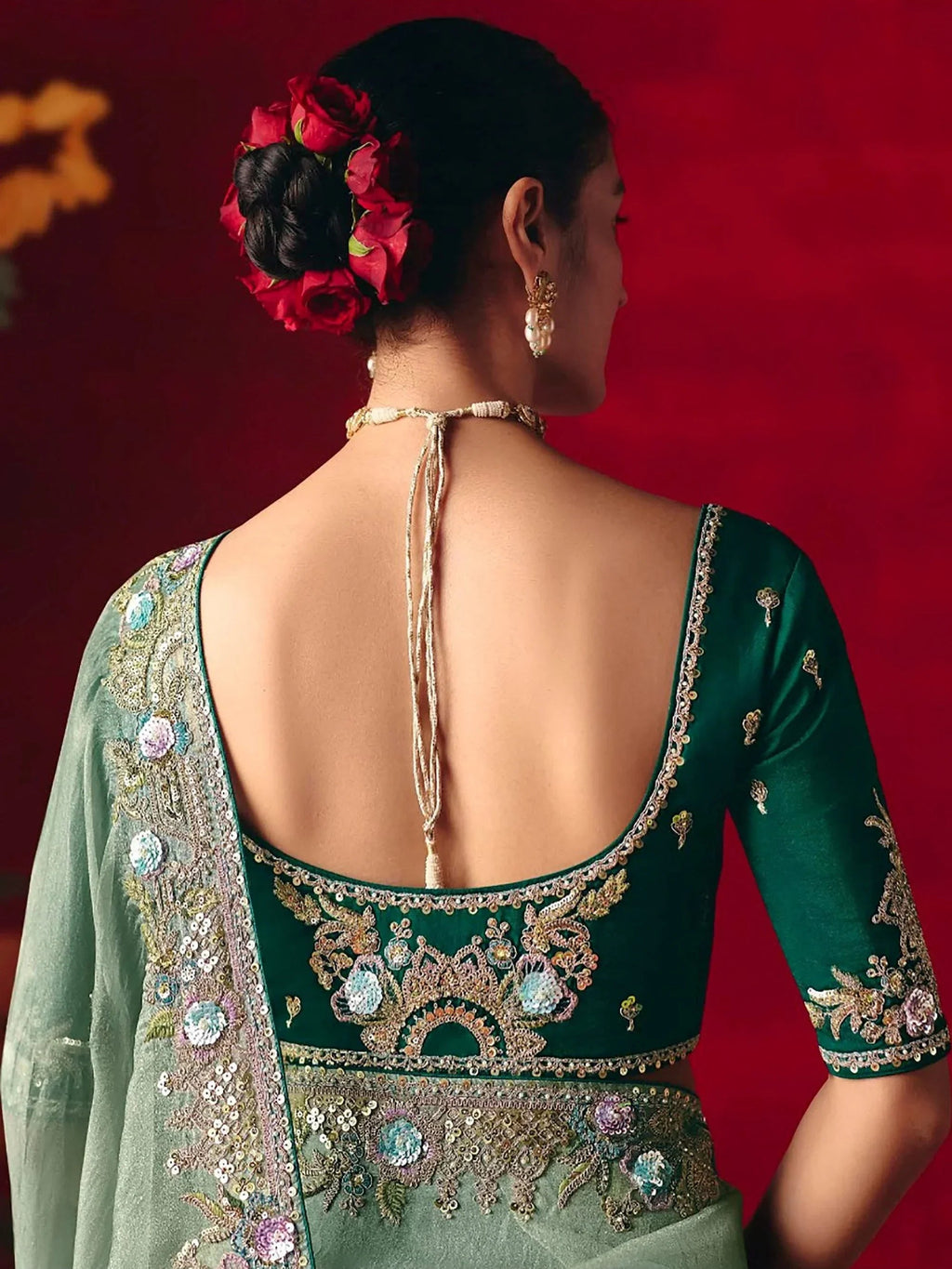 Attractive Green Embroidered Organza Wedding Wear Saree With Blouse