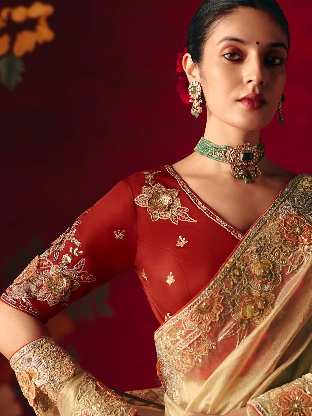 Elegant Beige Embroidered Organza Traditional Wear Saree With Blouse