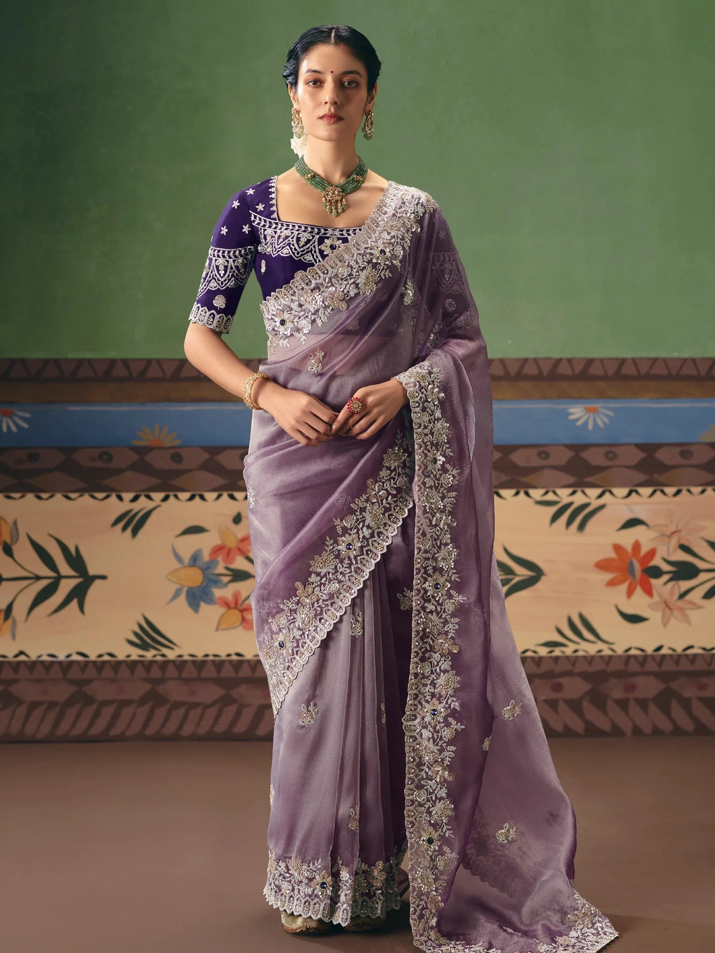 Appealing Purple Sequins Silk Reception Wear Saree With Blouse