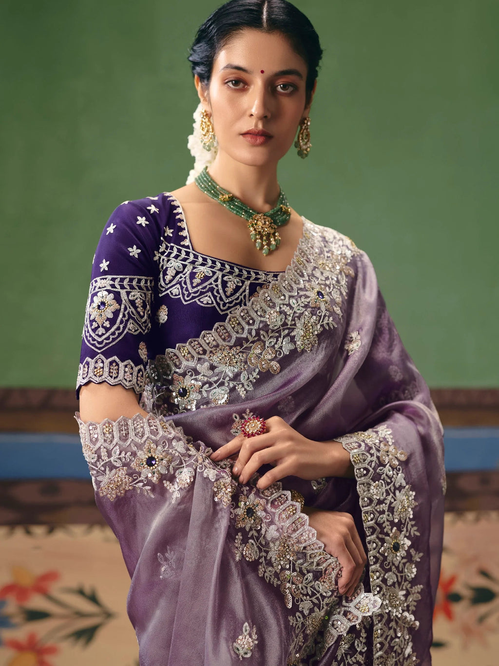 Appealing Purple Sequins Silk Reception Wear Saree With Blouse