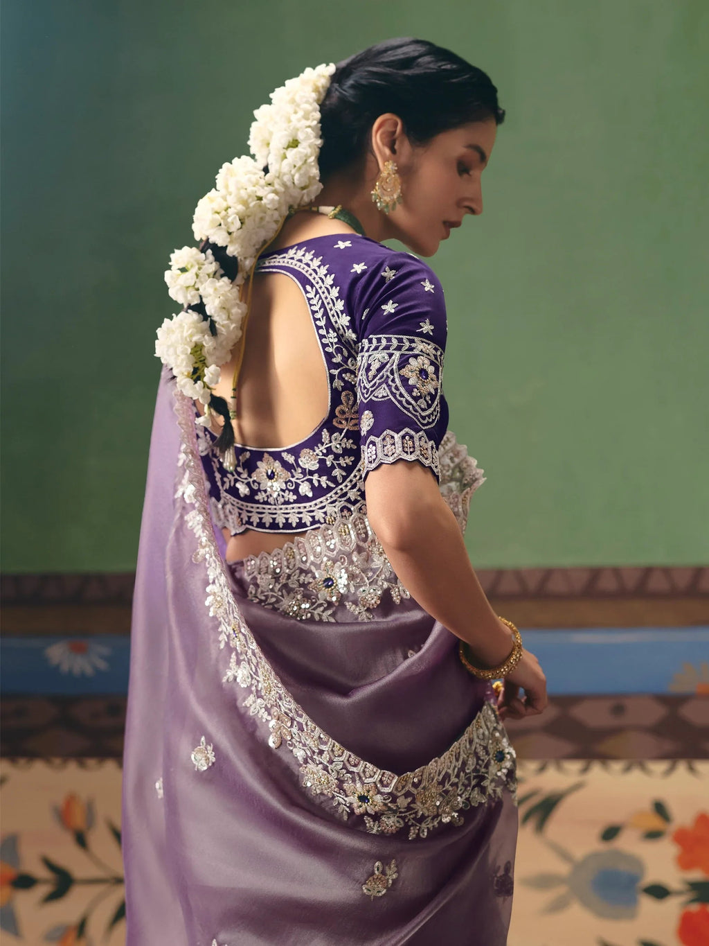Appealing Purple Sequins Silk Reception Wear Saree With Blouse