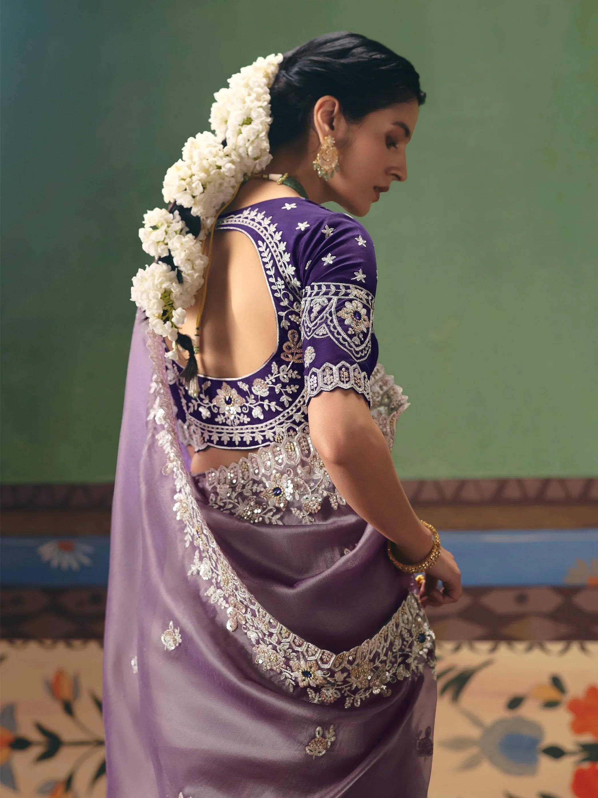 Appealing Purple Sequins Silk Reception Wear Saree With Blouse