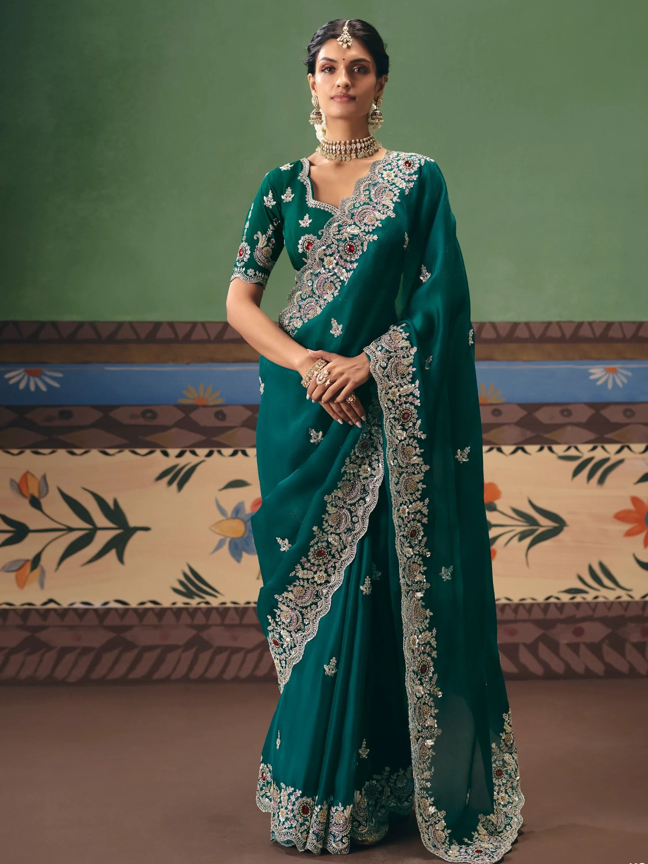 Glamorous Teal Green Moti Work Silk Mehendi Wear Saree With Blouse