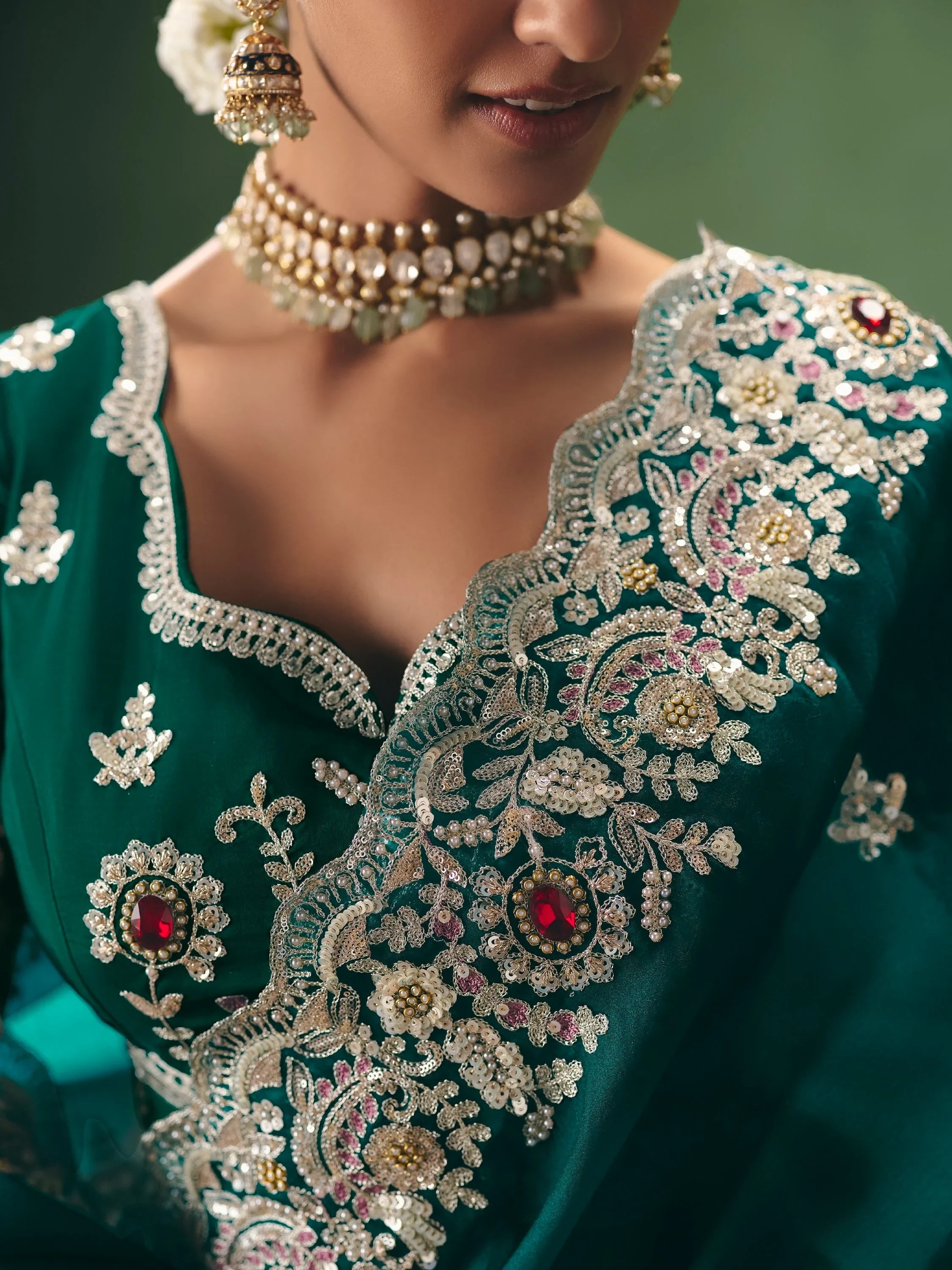 Glamorous Teal Green Moti Work Silk Mehendi Wear Saree With Blouse