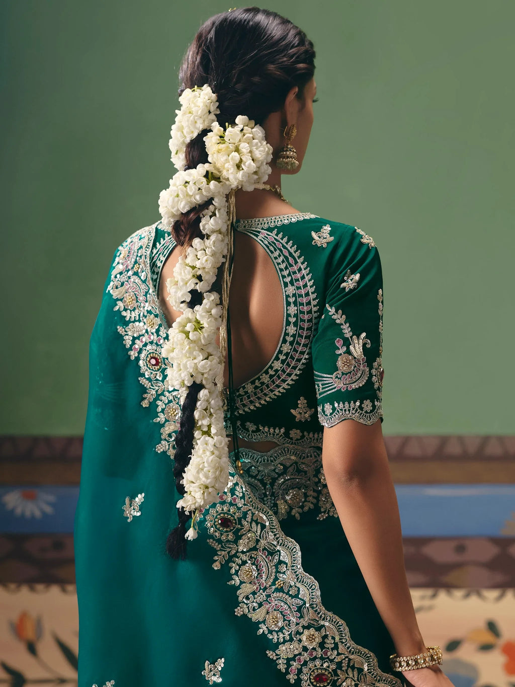 Glamorous Teal Green Moti Work Silk Mehendi Wear Saree With Blouse