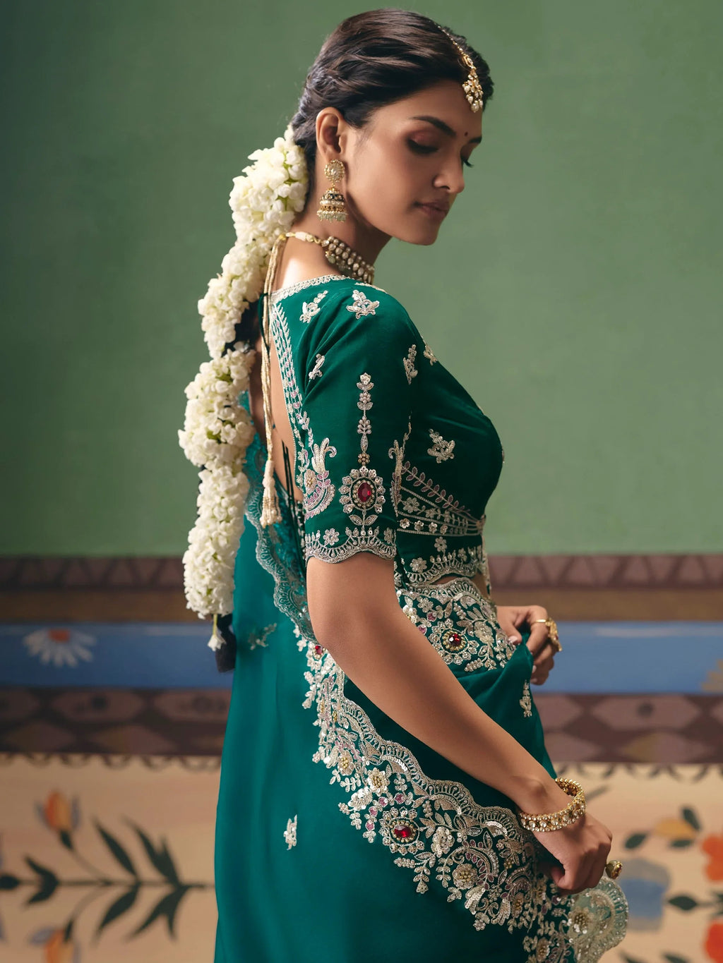 Glamorous Teal Green Moti Work Silk Mehendi Wear Saree With Blouse