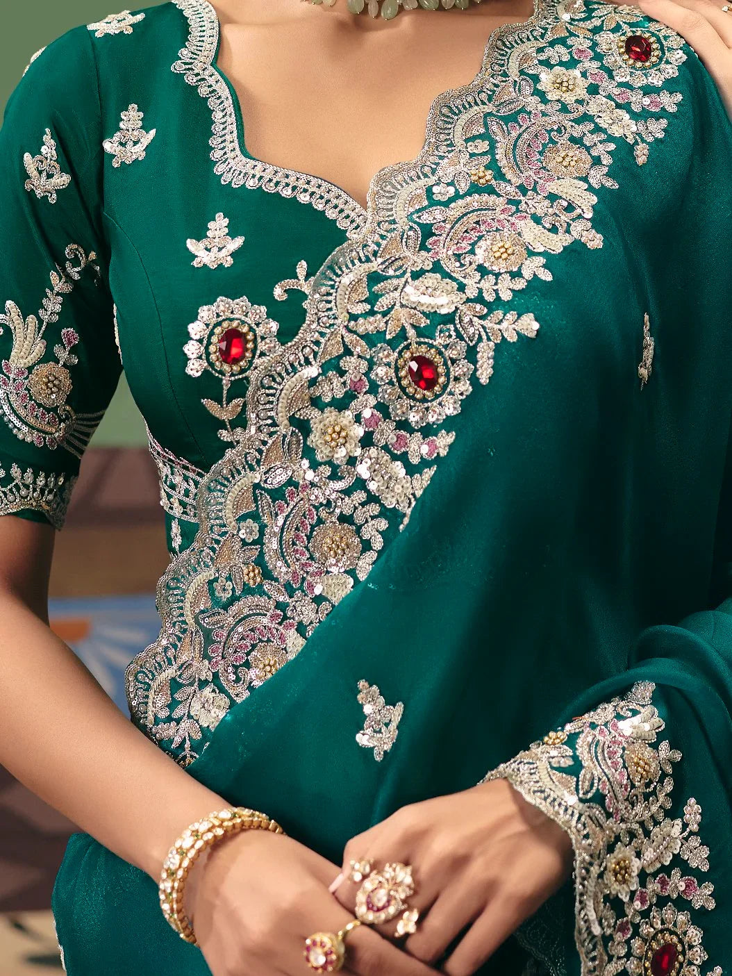 Glamorous Teal Green Moti Work Silk Mehendi Wear Saree With Blouse