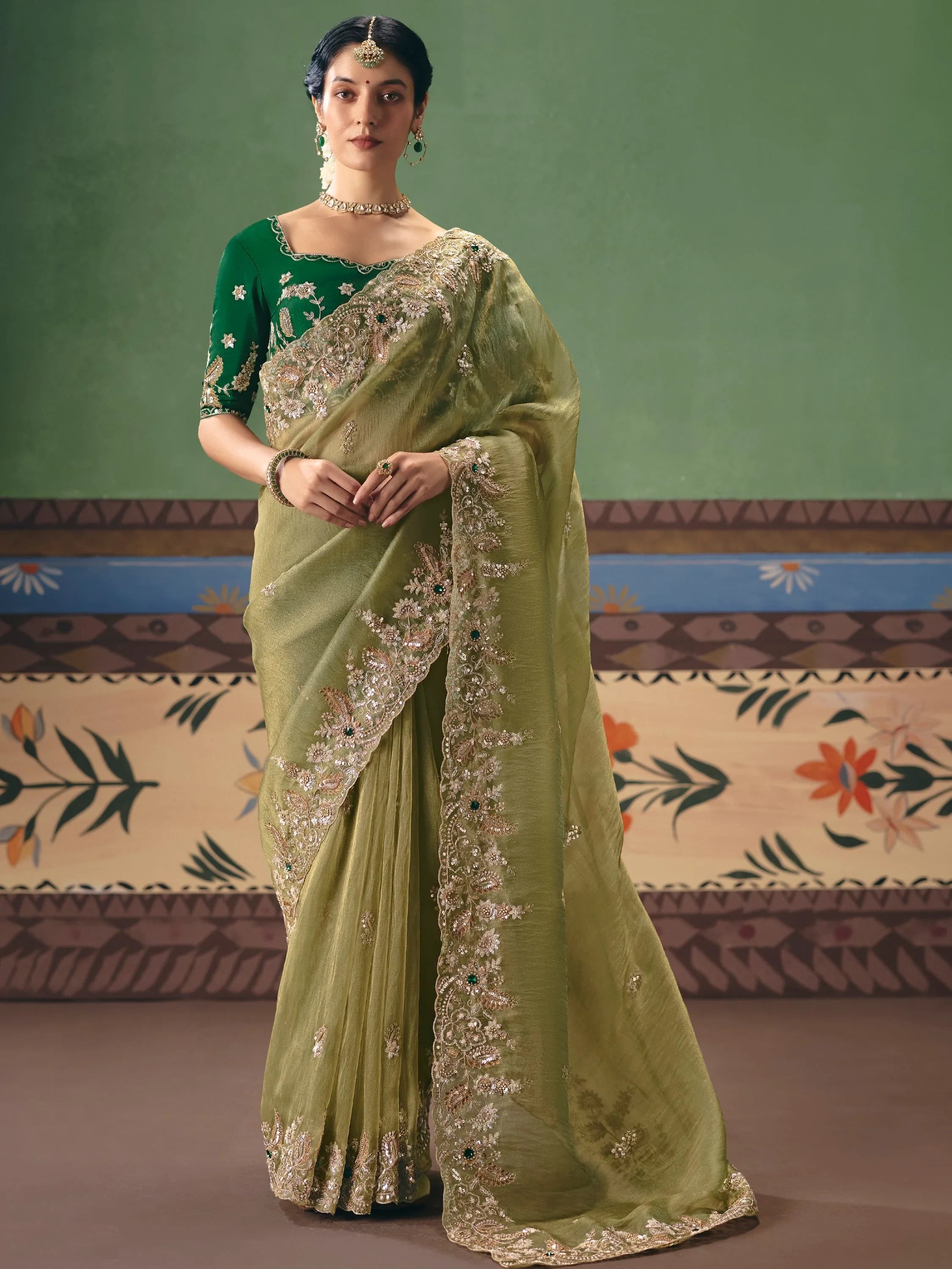 Great Olive Green Heavy Embroidered Silk Mehendi Wear Saree With Blouse