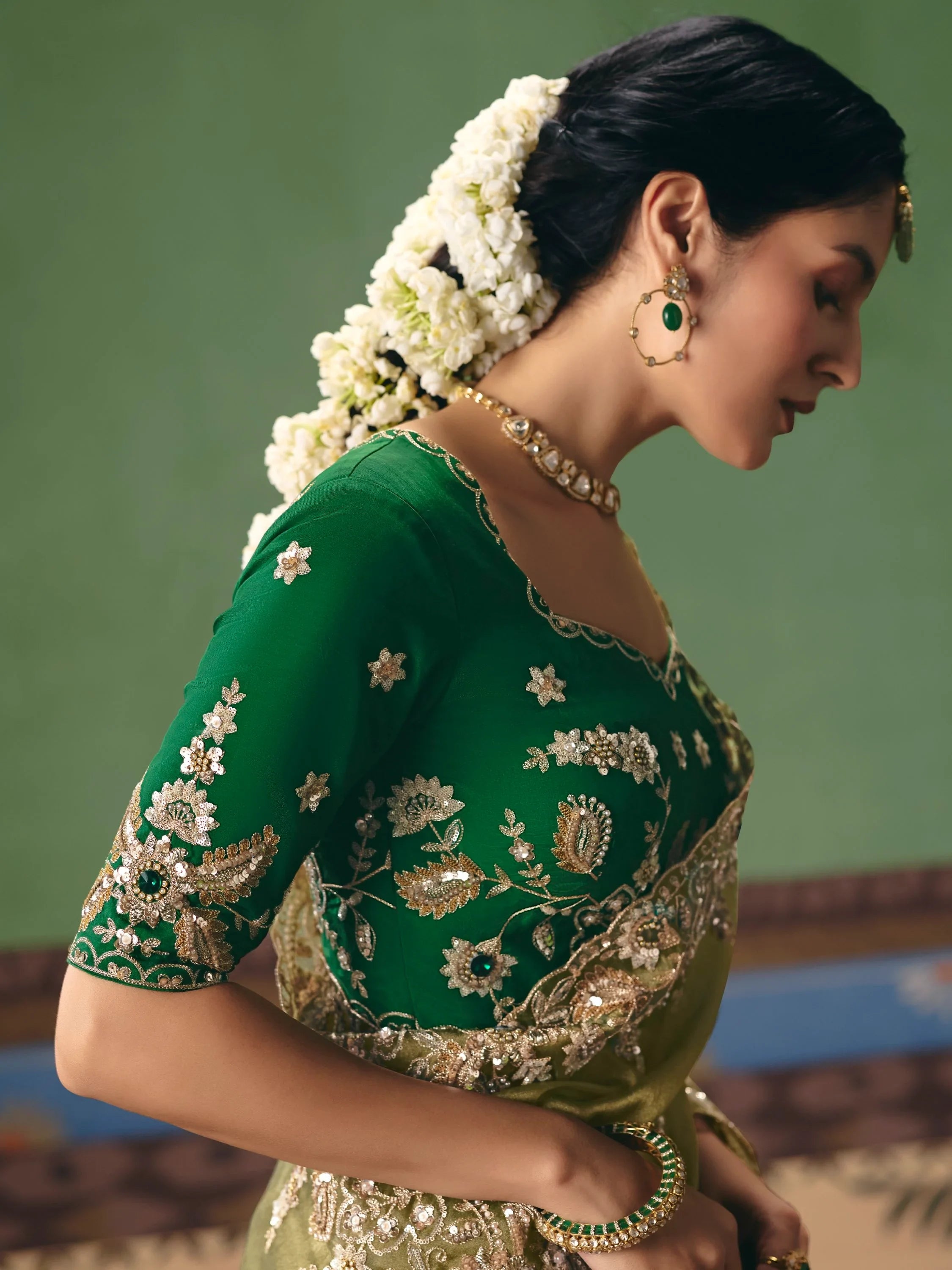 Great Olive Green Heavy Embroidered Silk Mehendi Wear Saree With Blouse