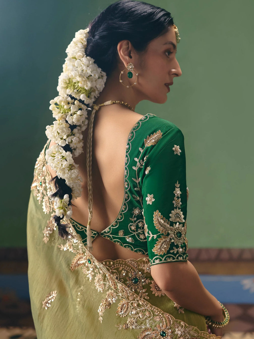 Great Olive Green Heavy Embroidered Silk Mehendi Wear Saree With Blouse