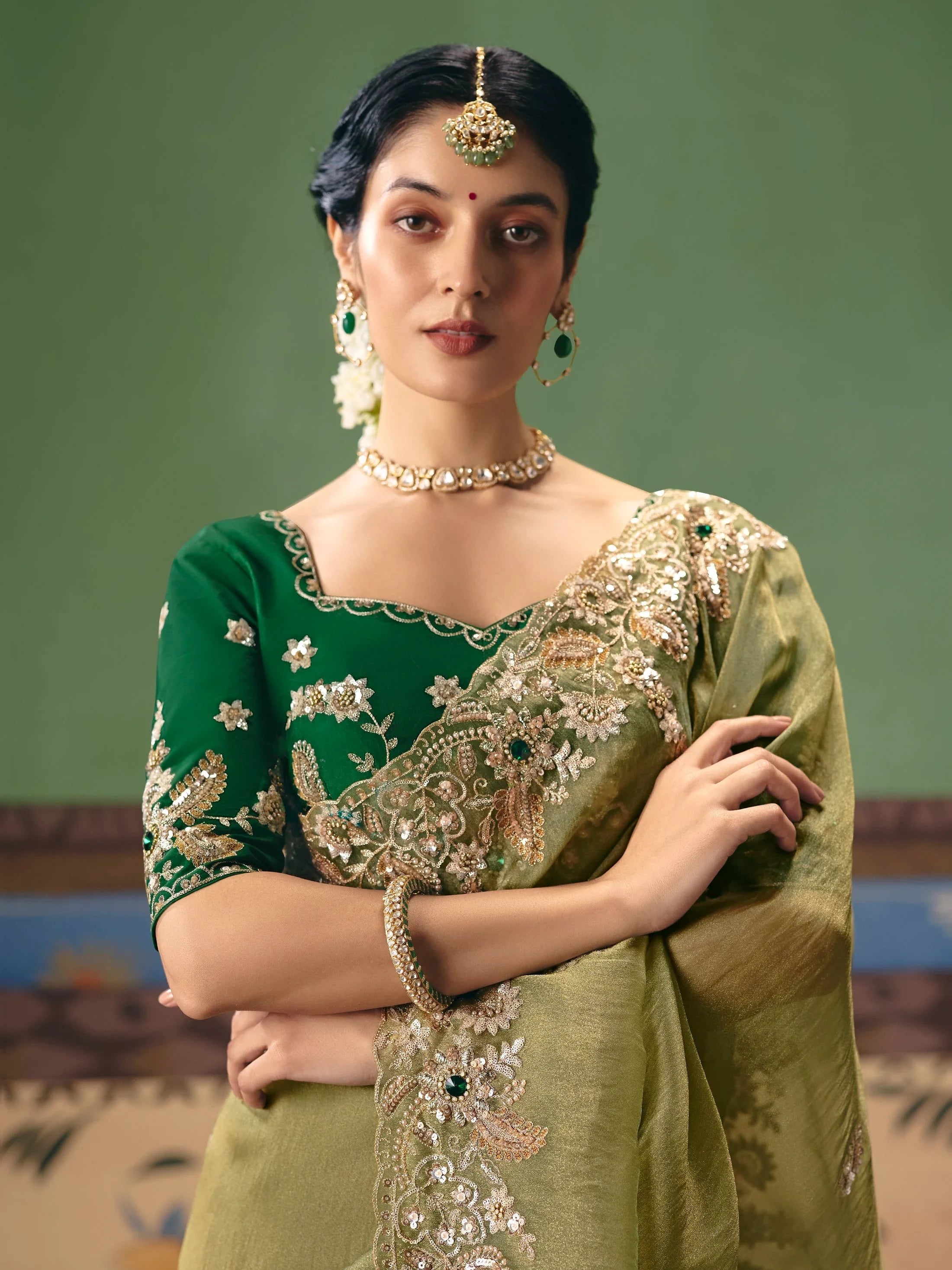Great Olive Green Heavy Embroidered Silk Mehendi Wear Saree With Blouse
