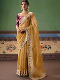Impressive Golden Sequins Silk Party Wear Saree With Blouse