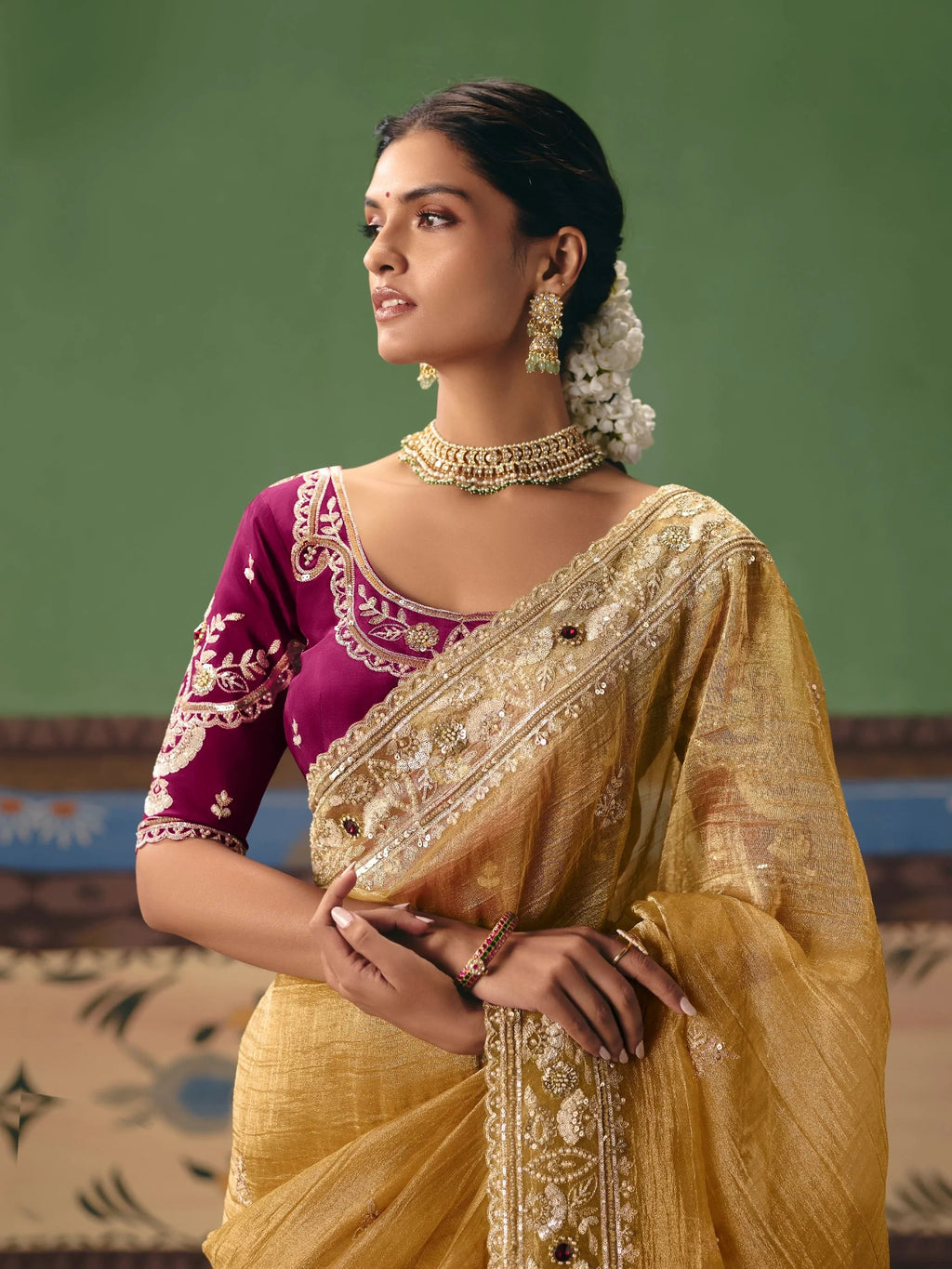 Impressive Golden Sequins Silk Party Wear Saree With Blouse