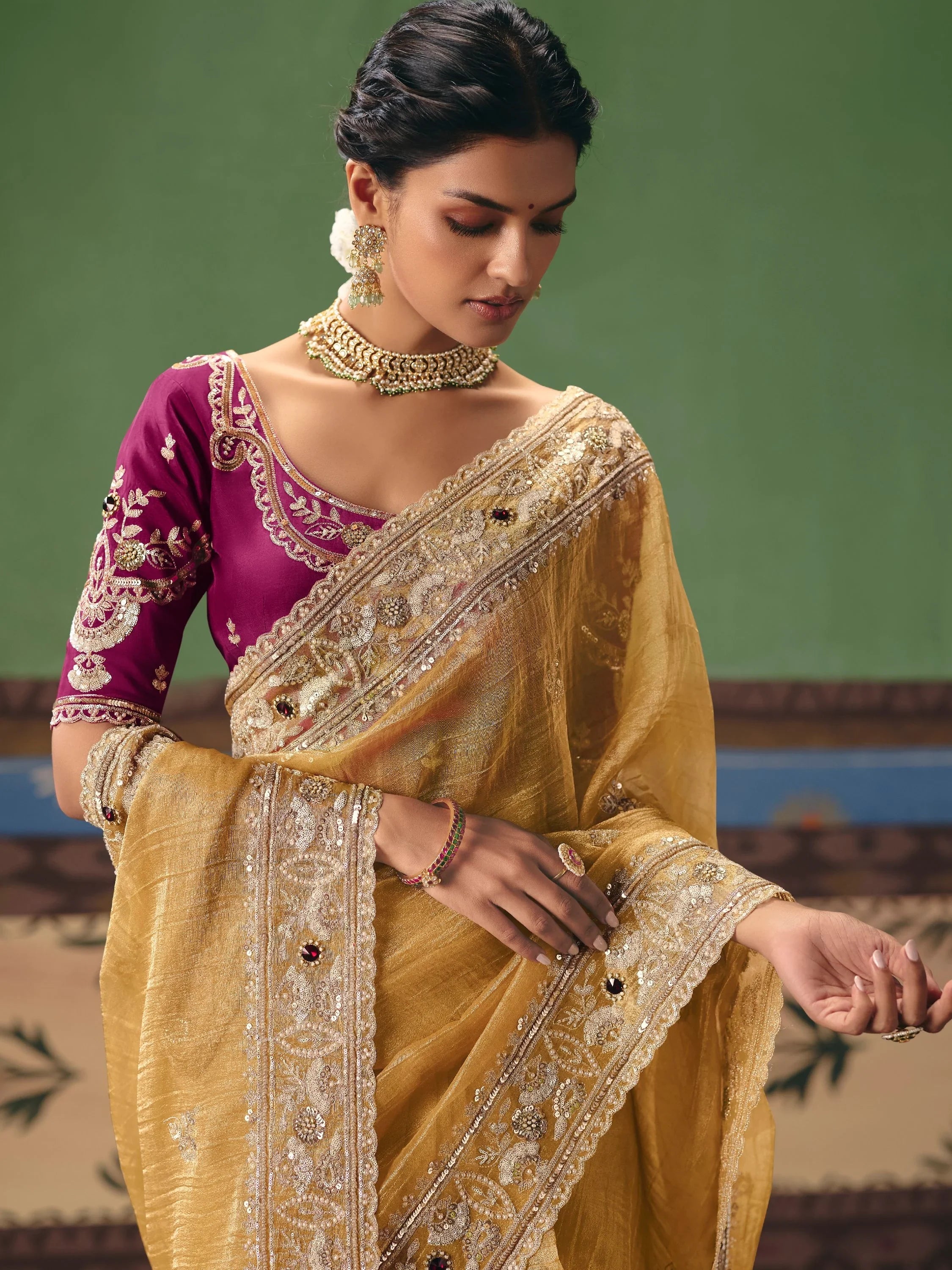 Impressive Golden Sequins Silk Party Wear Saree With Blouse