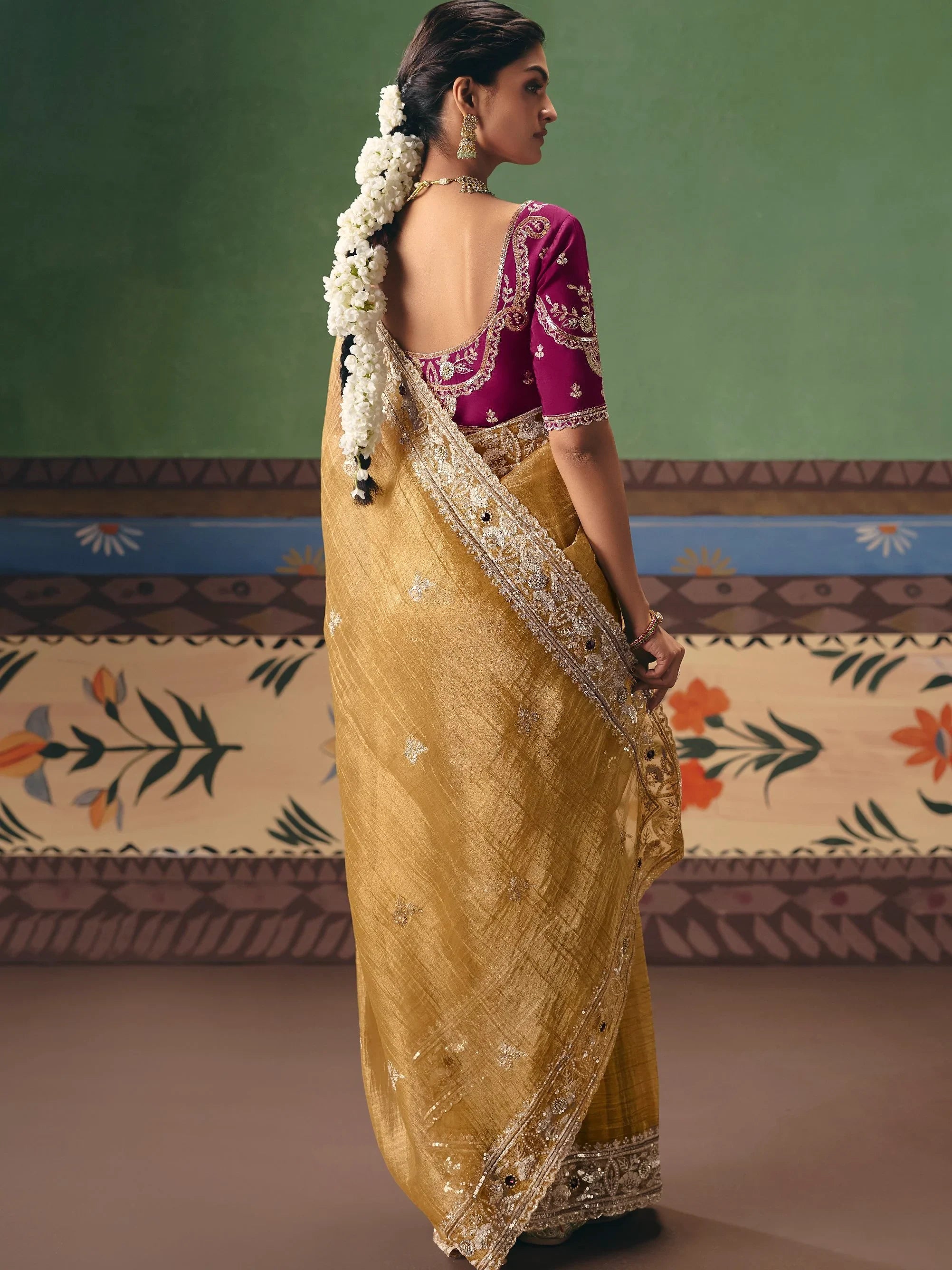 Impressive Golden Sequins Silk Party Wear Saree With Blouse
