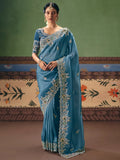 Elegant Teal Blue Dori Work Silk Wedding Wear Saree With Blouse