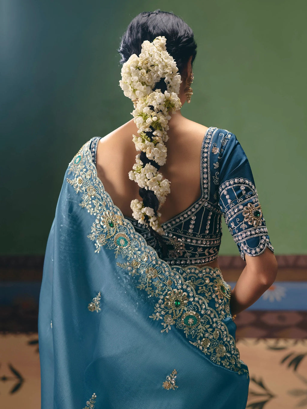 Elegant Teal Blue Dori Work Silk Wedding Wear Saree With Blouse