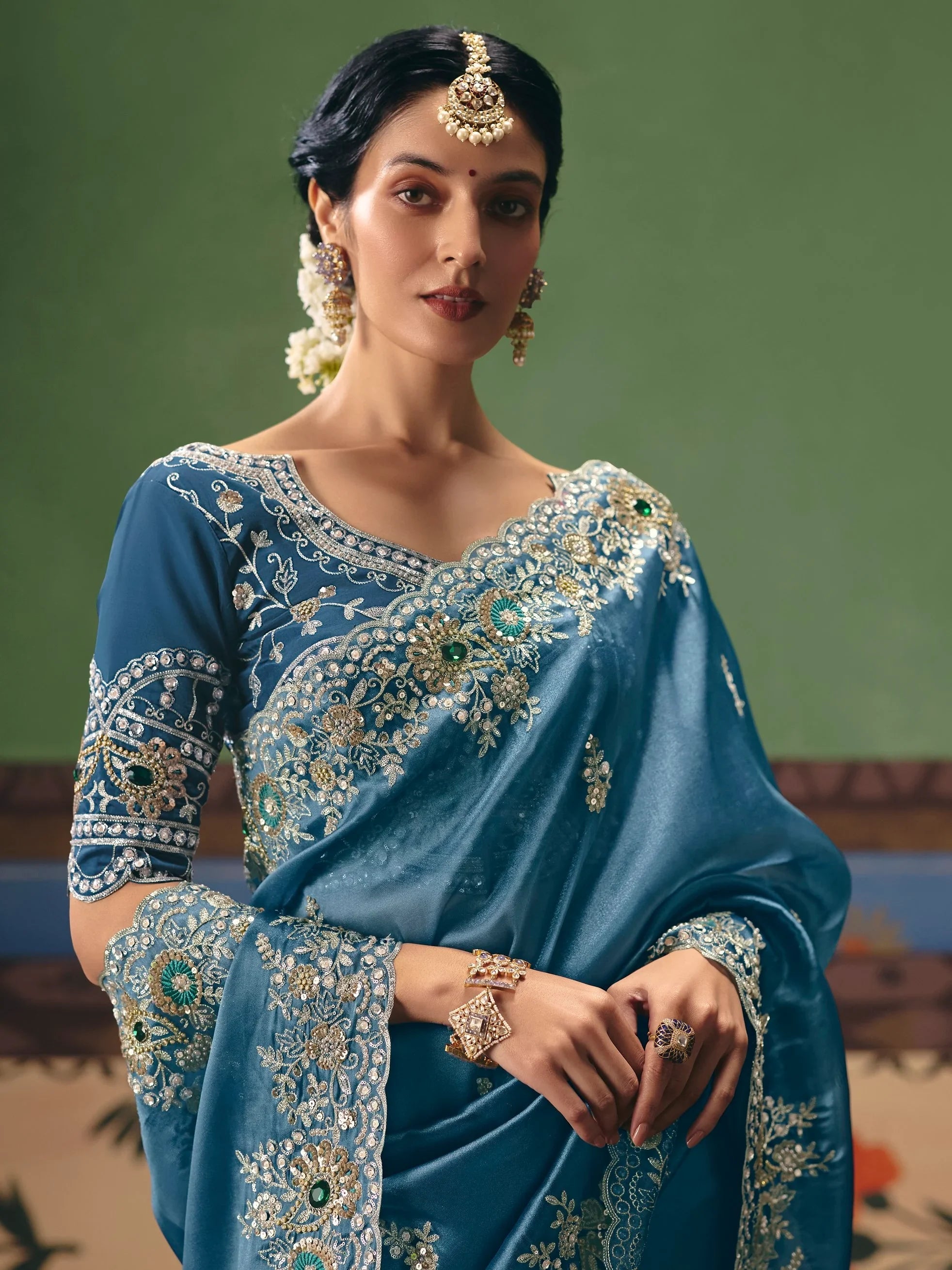 Elegant Teal Blue Dori Work Silk Wedding Wear Saree With Blouse