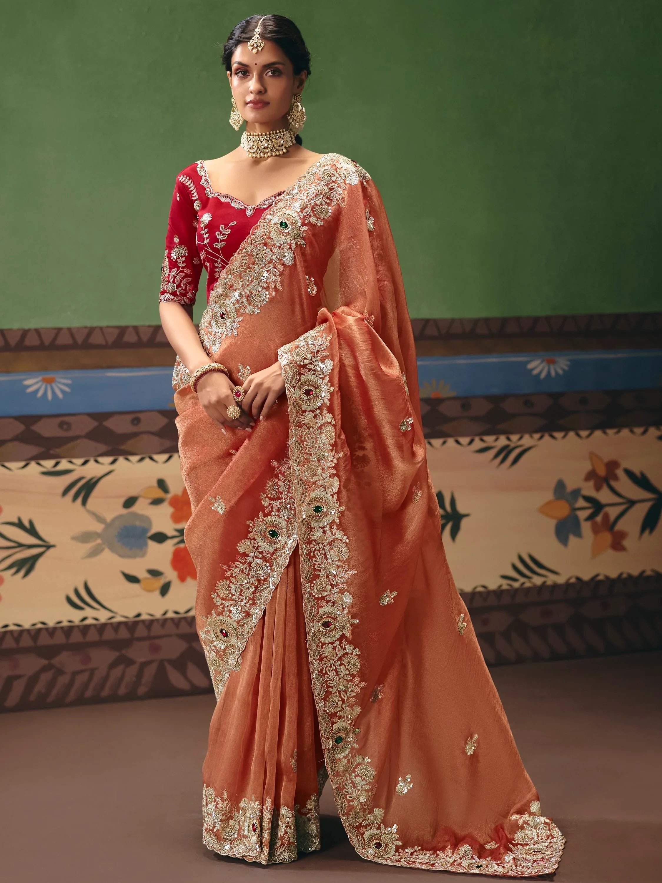 Stunning Orange Stone Work Silk Event Wear Saree With Blouse