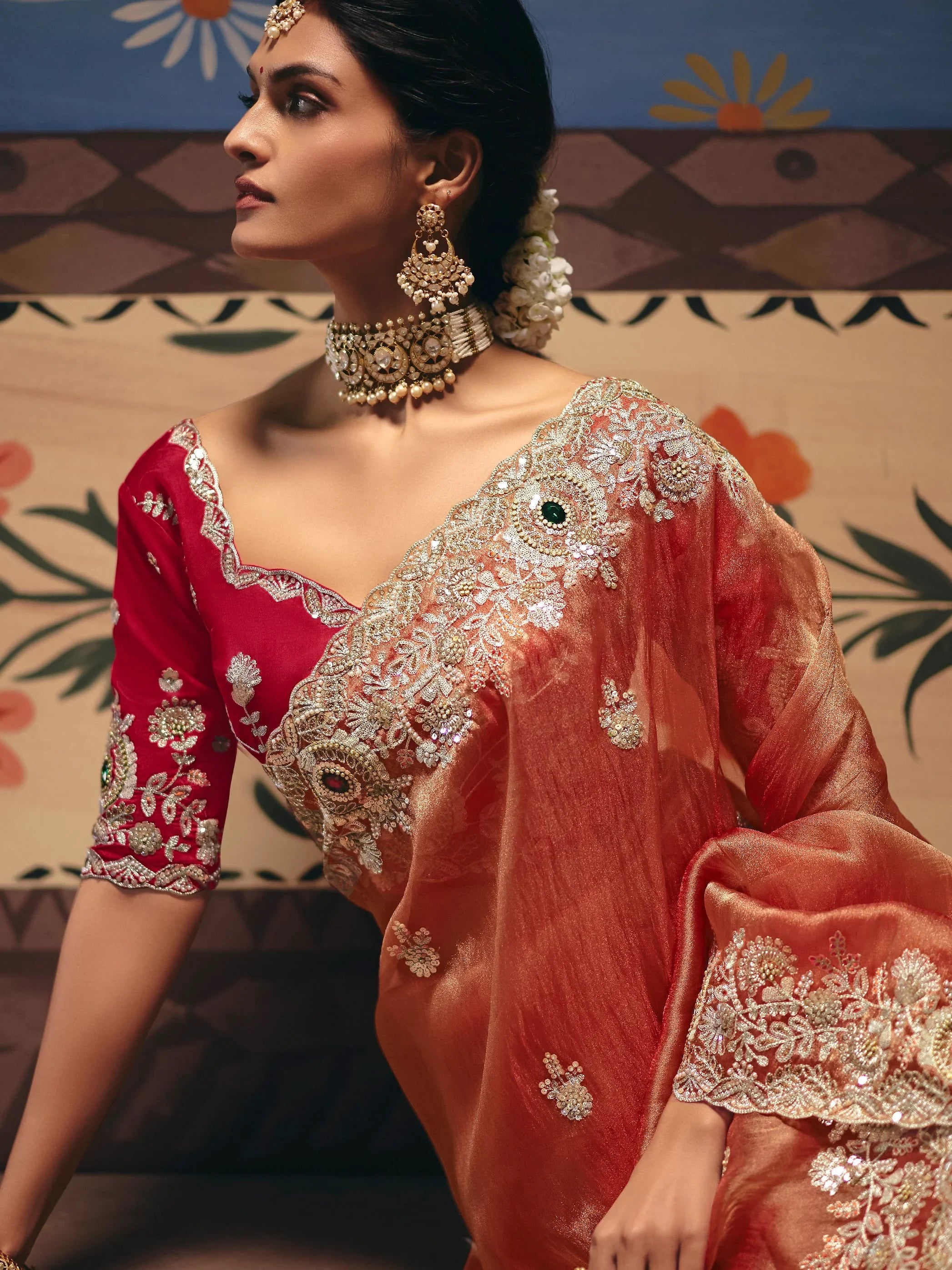 Stunning Orange Stone Work Silk Event Wear Saree With Blouse
