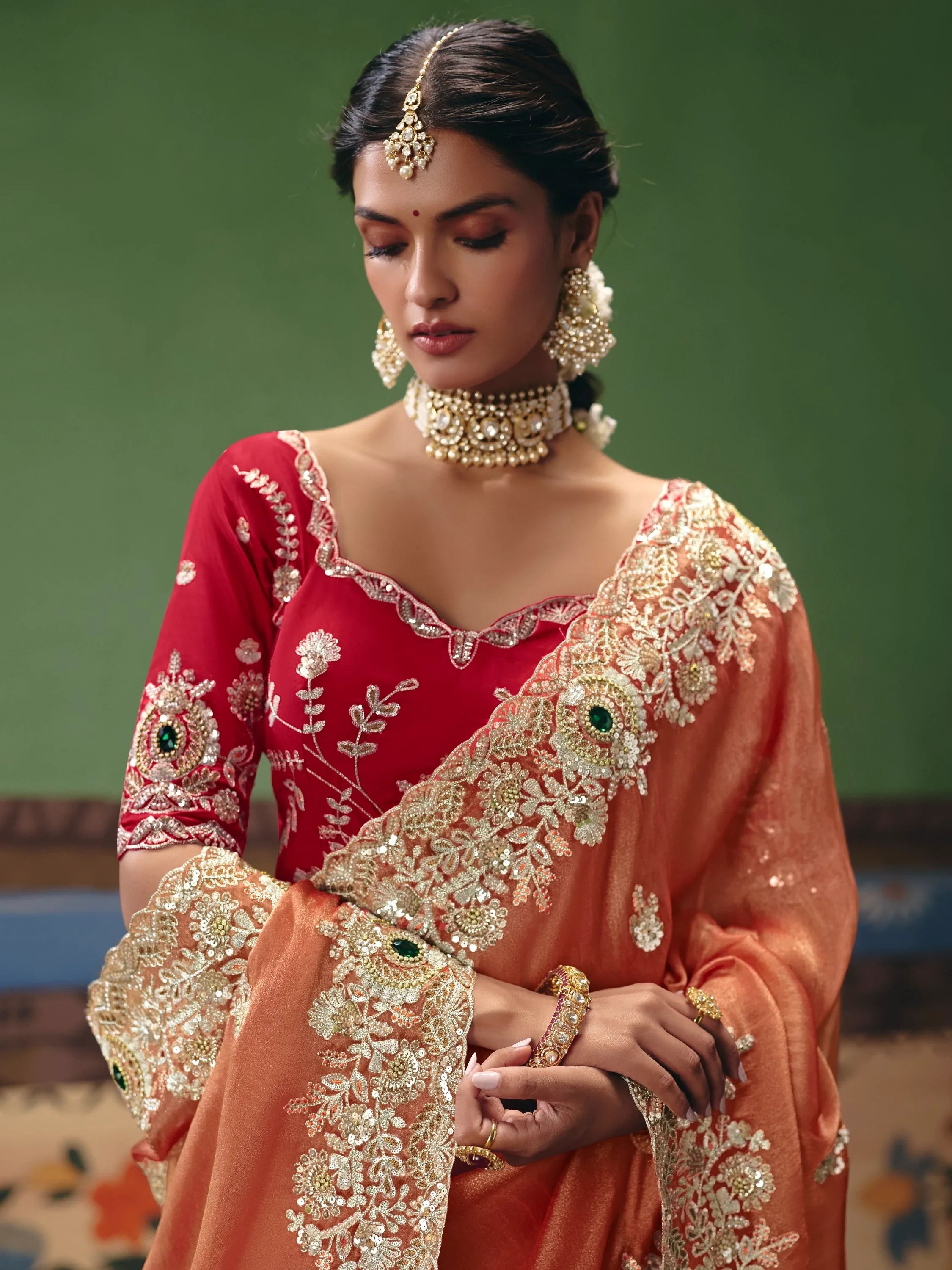 Stunning Orange Stone Work Silk Event Wear Saree With Blouse