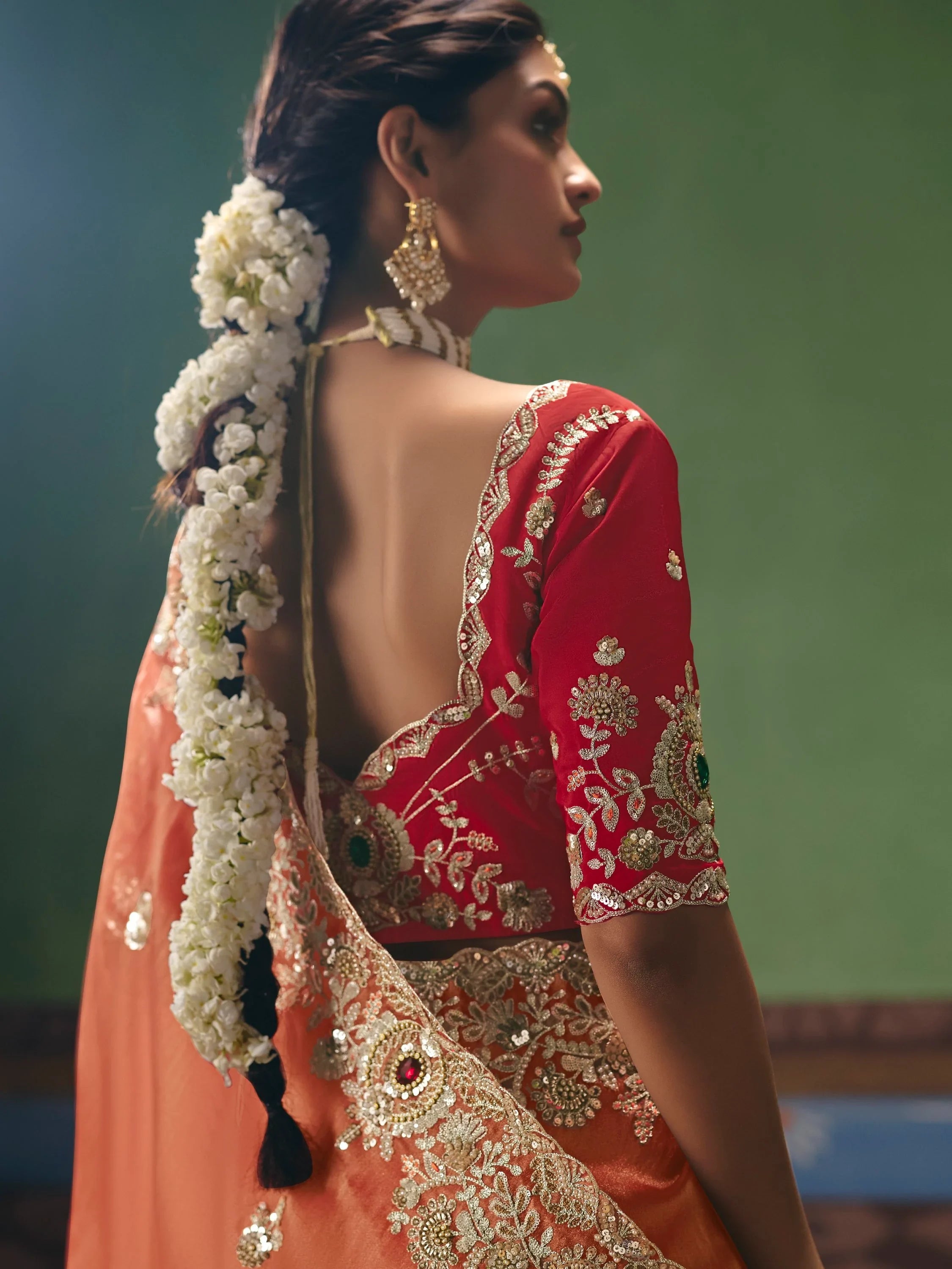 Stunning Orange Stone Work Silk Event Wear Saree With Blouse