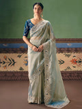 Super Mint Green Embroidered Silk Engagement Wear Saree With Blouse