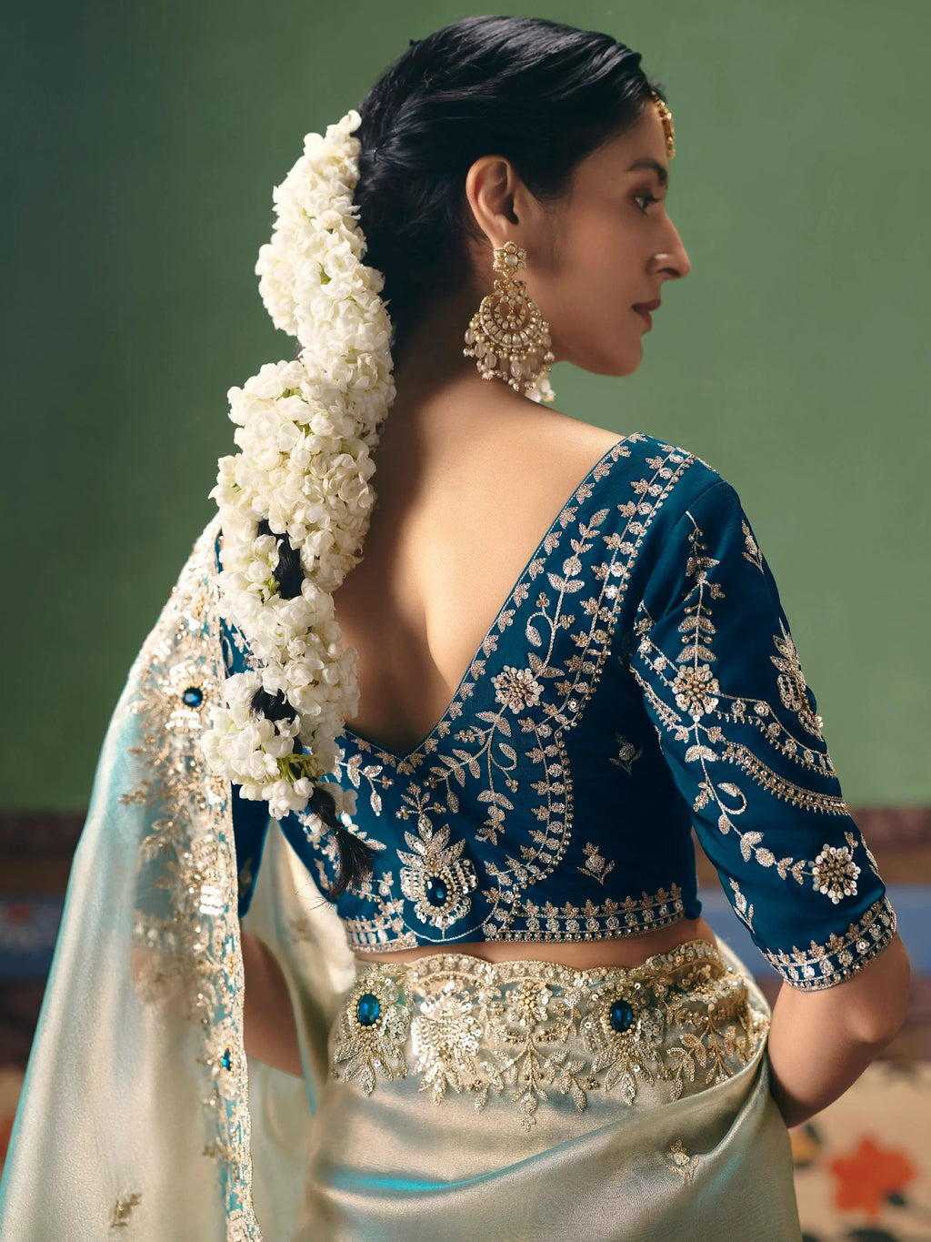Super Mint Green Embroidered Silk Engagement Wear Saree With Blouse