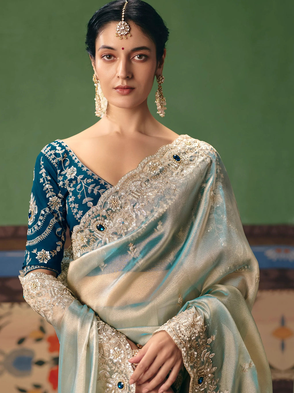 Super Mint Green Embroidered Silk Engagement Wear Saree With Blouse