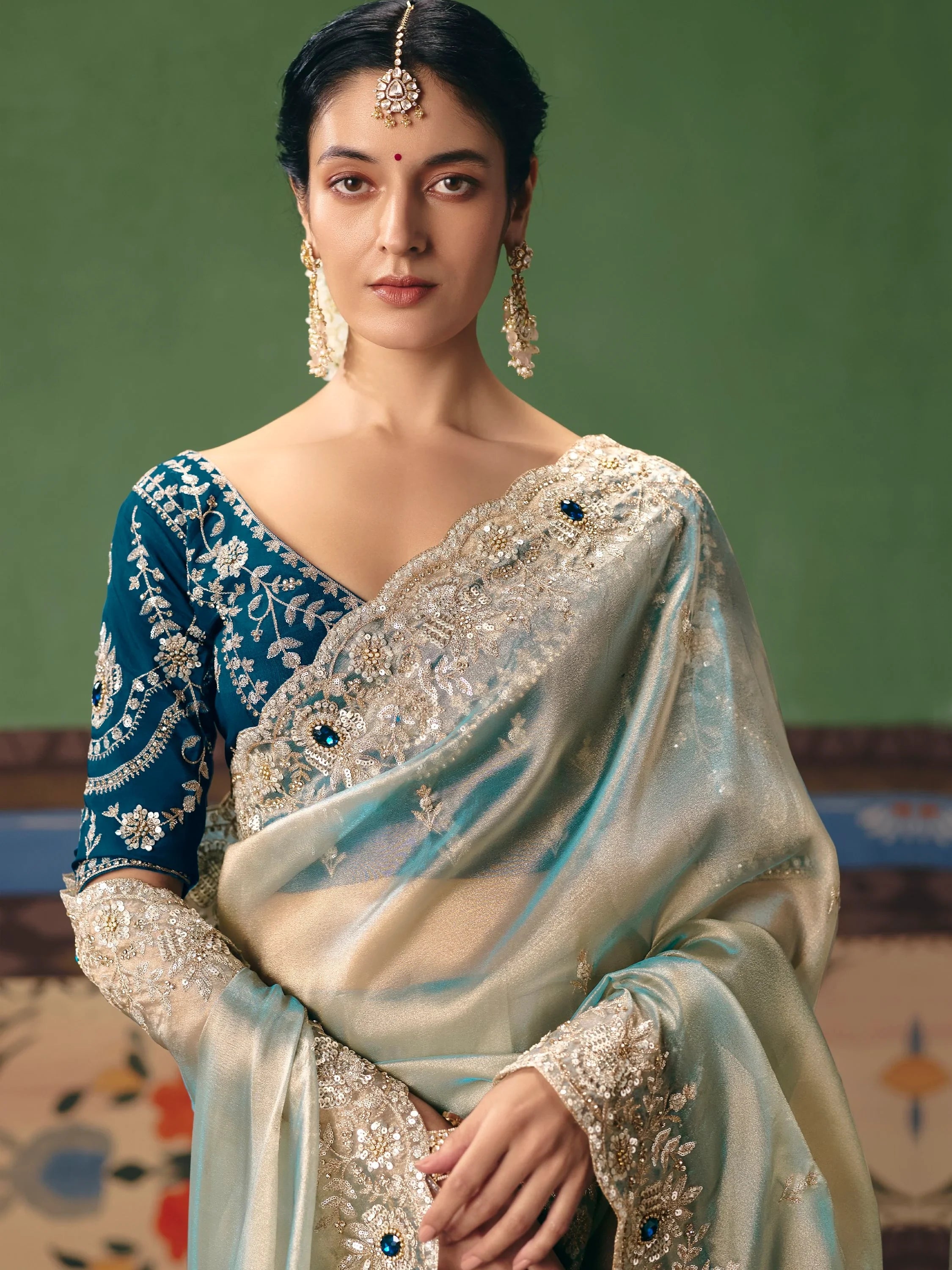 Super Mint Green Embroidered Silk Engagement Wear Saree With Blouse