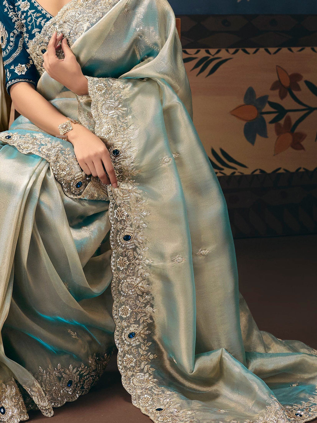 Super Mint Green Embroidered Silk Engagement Wear Saree With Blouse