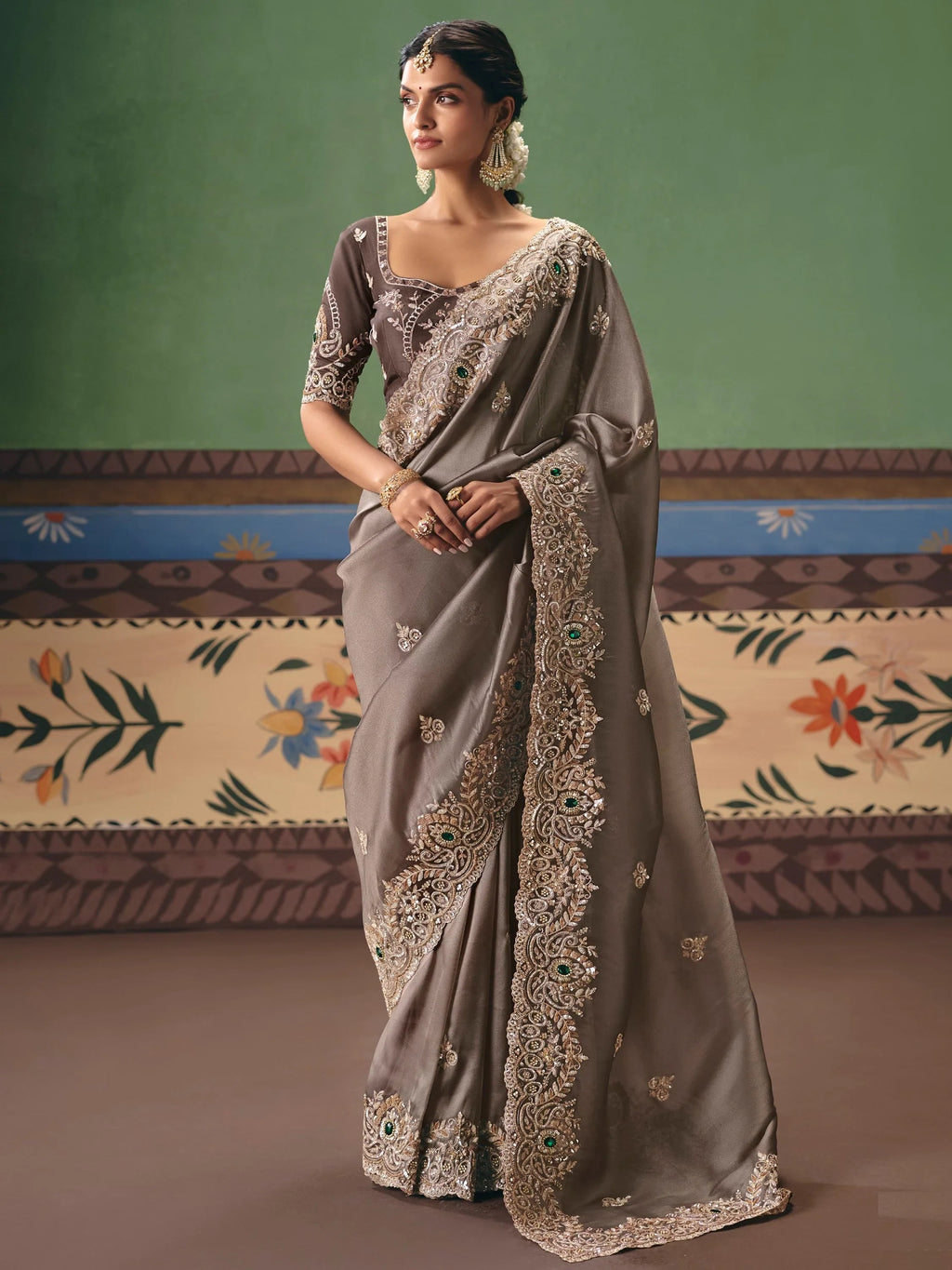 Tremendous Gray Stone Embroidery Silk Reception Wear Saree With Blouse