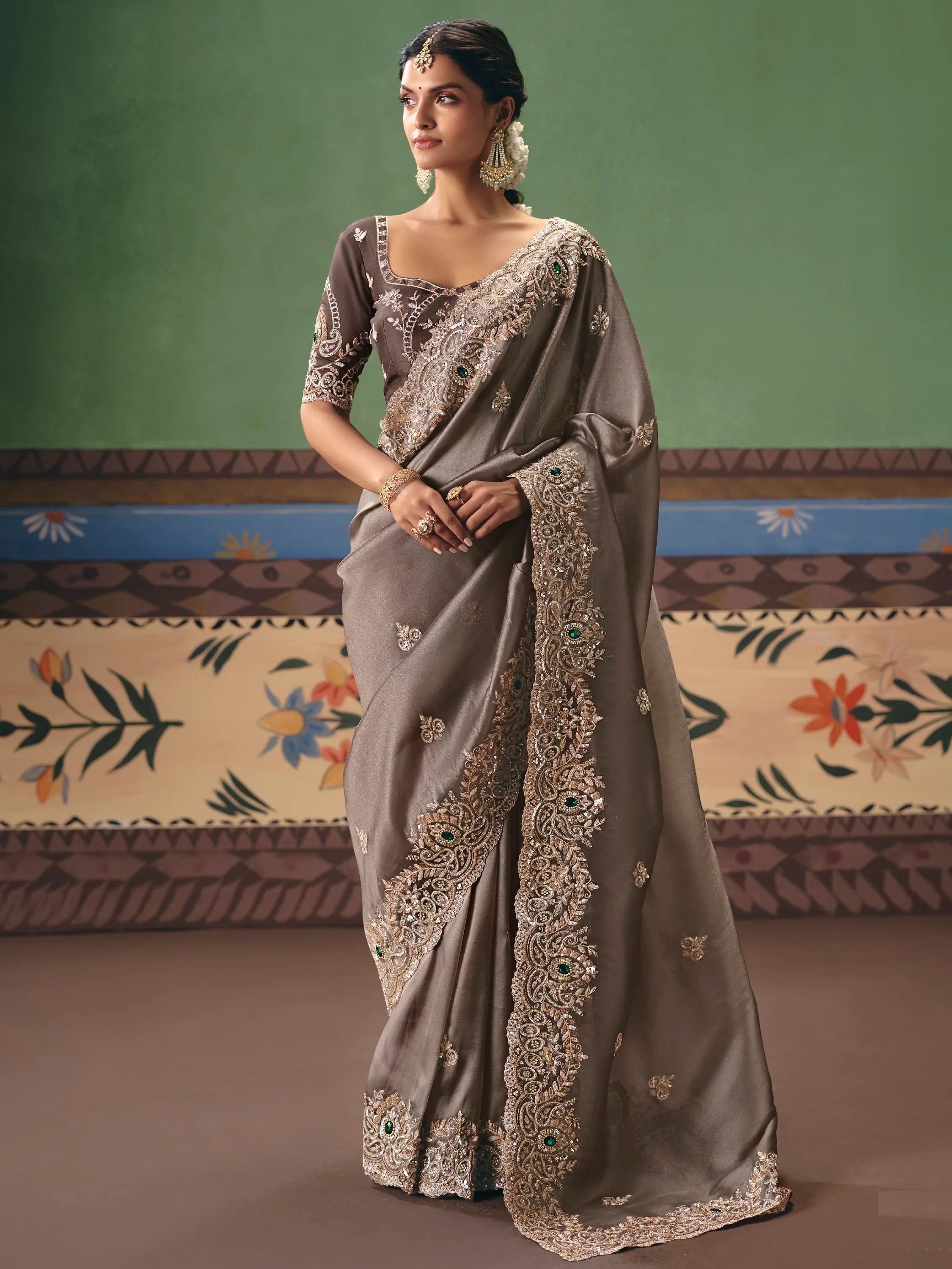 Tremendous Gray Stone Embroidery Silk Reception Wear Saree With Blouse