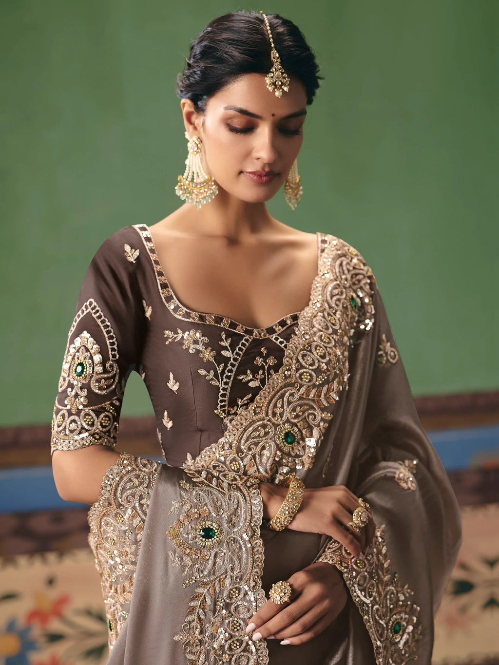 Tremendous Gray Stone Embroidery Silk Reception Wear Saree With Blouse