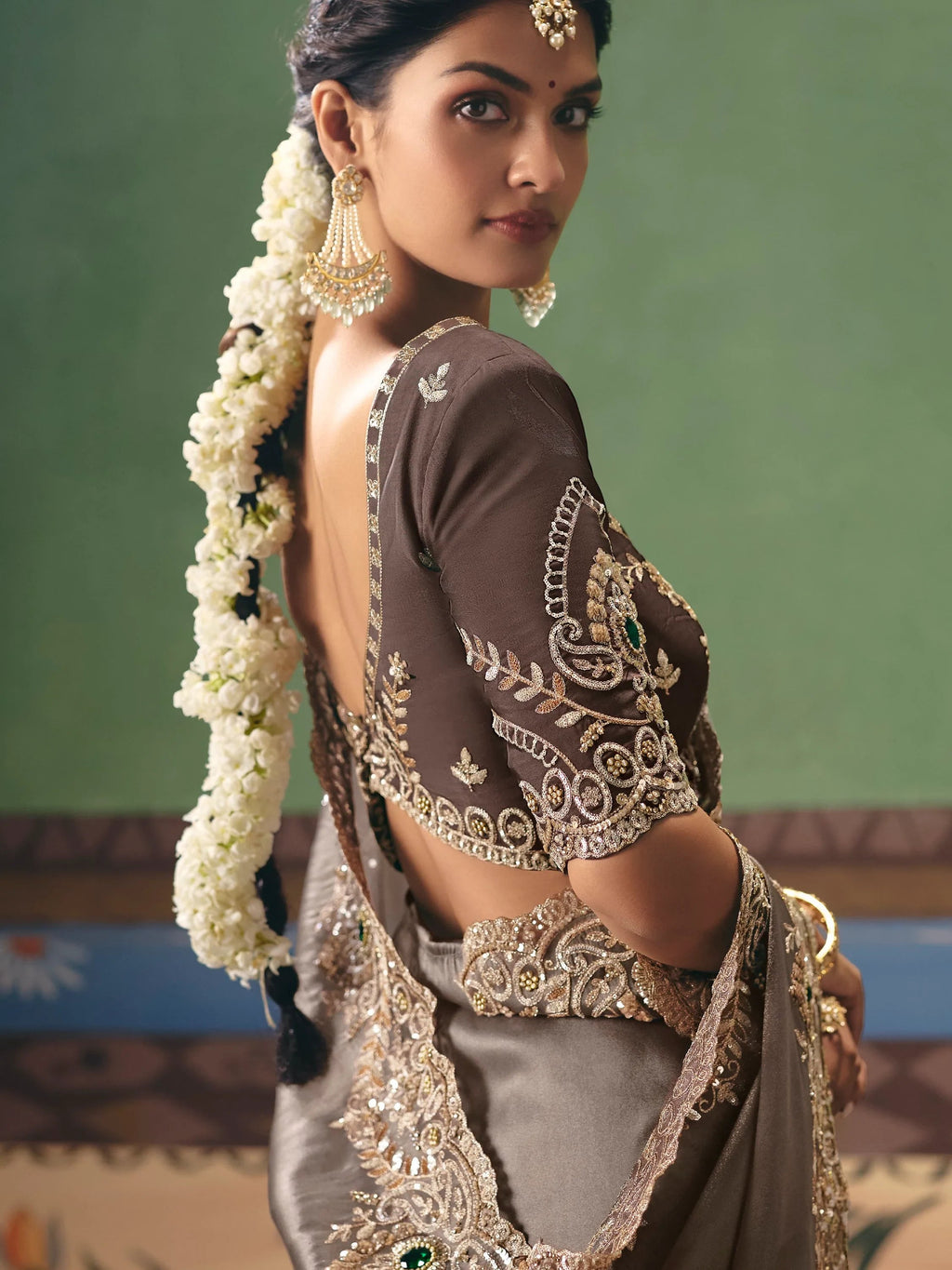 Tremendous Gray Stone Embroidery Silk Reception Wear Saree With Blouse