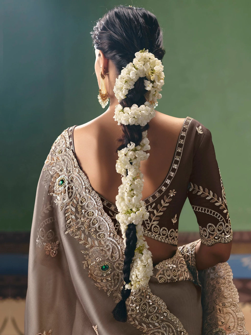 Tremendous Gray Stone Embroidery Silk Reception Wear Saree With Blouse