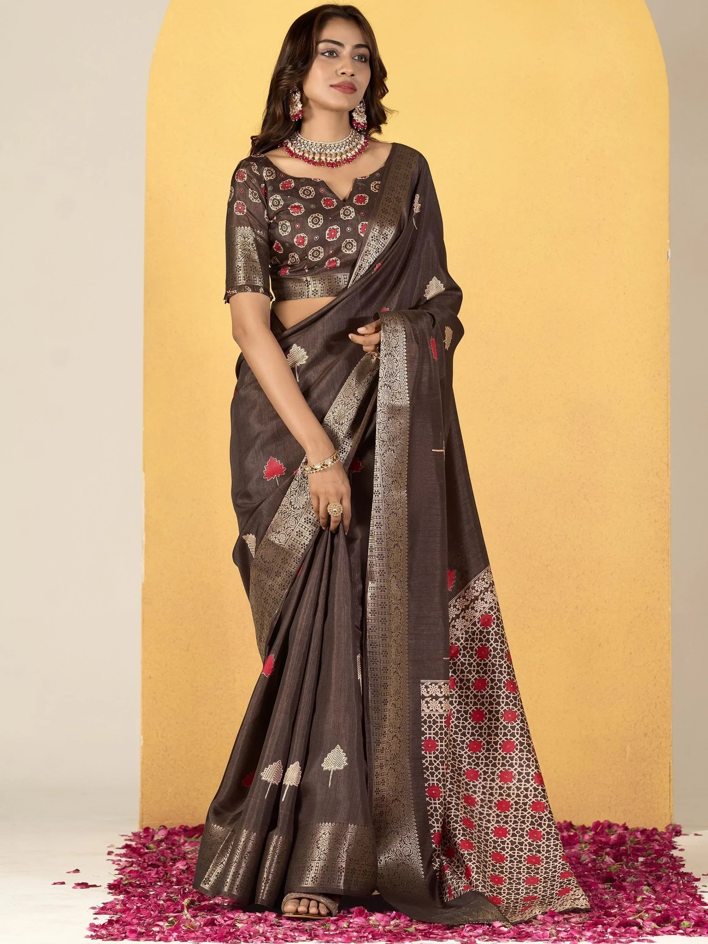 Beautiful Dark Brown Printed Silk Festival Wear Saree With Blouse