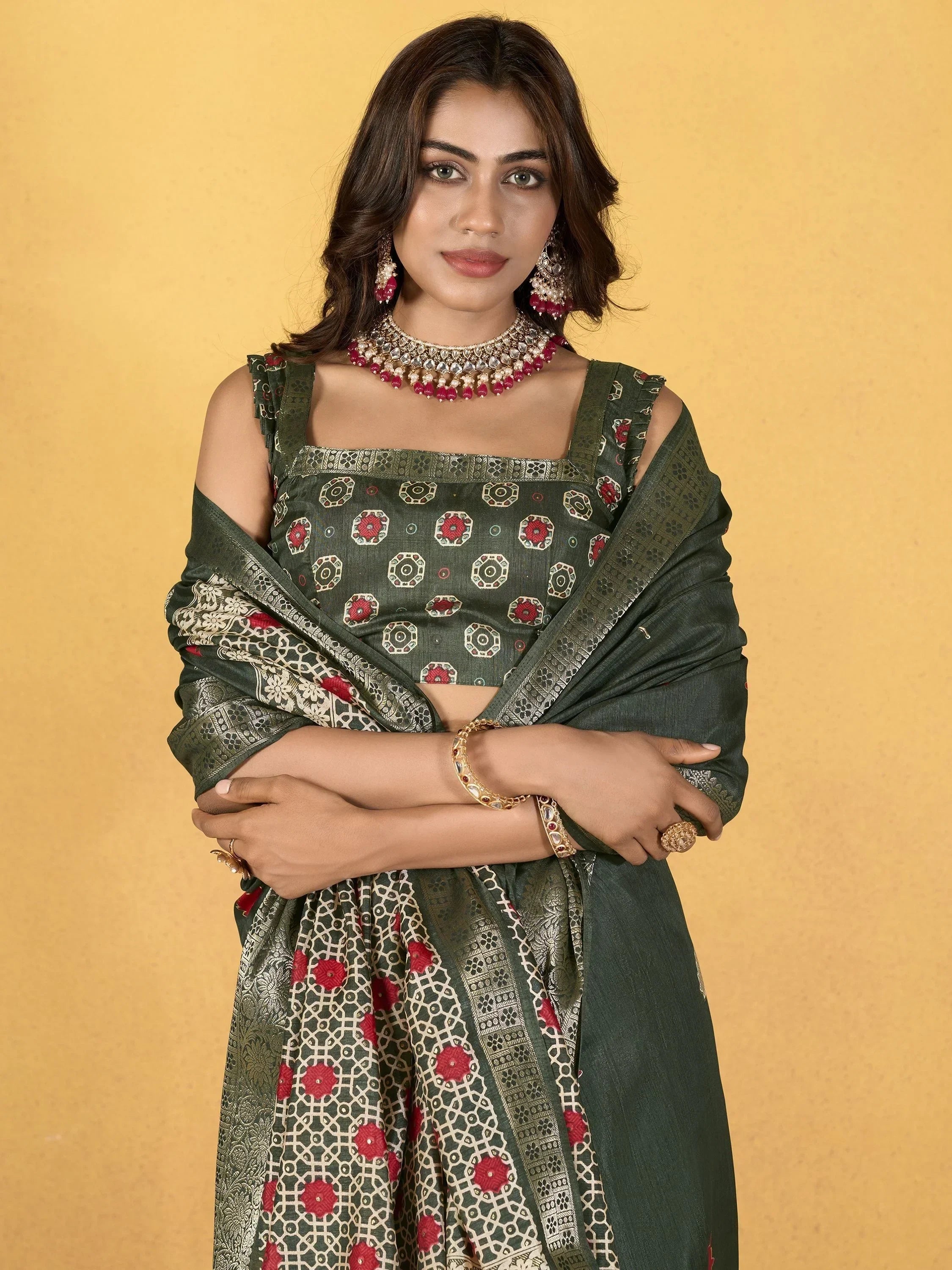 Attractive Sea Green Printed Silk Festival Wear Saree With Blouse