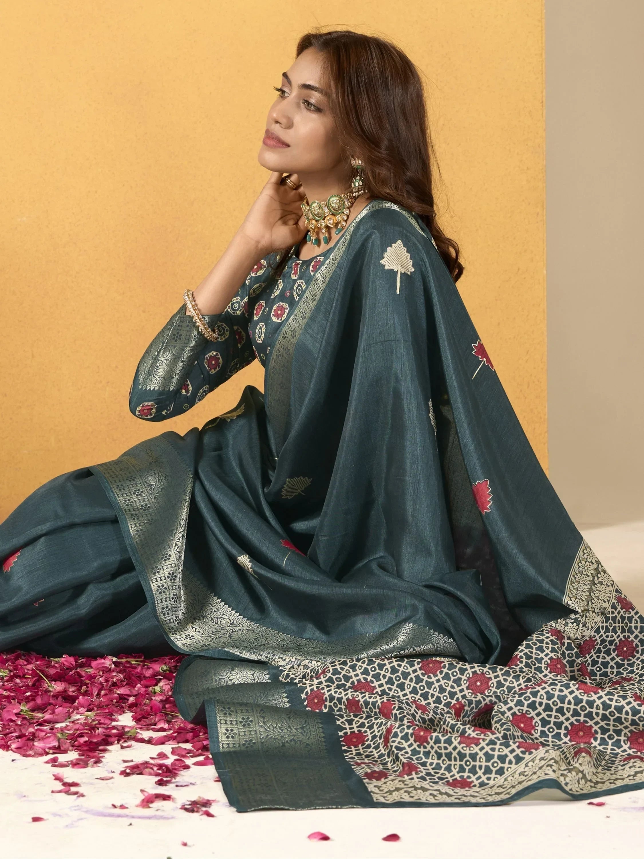Attractive Teal Blue Printed Silk Festival Wear Saree With Blouse
