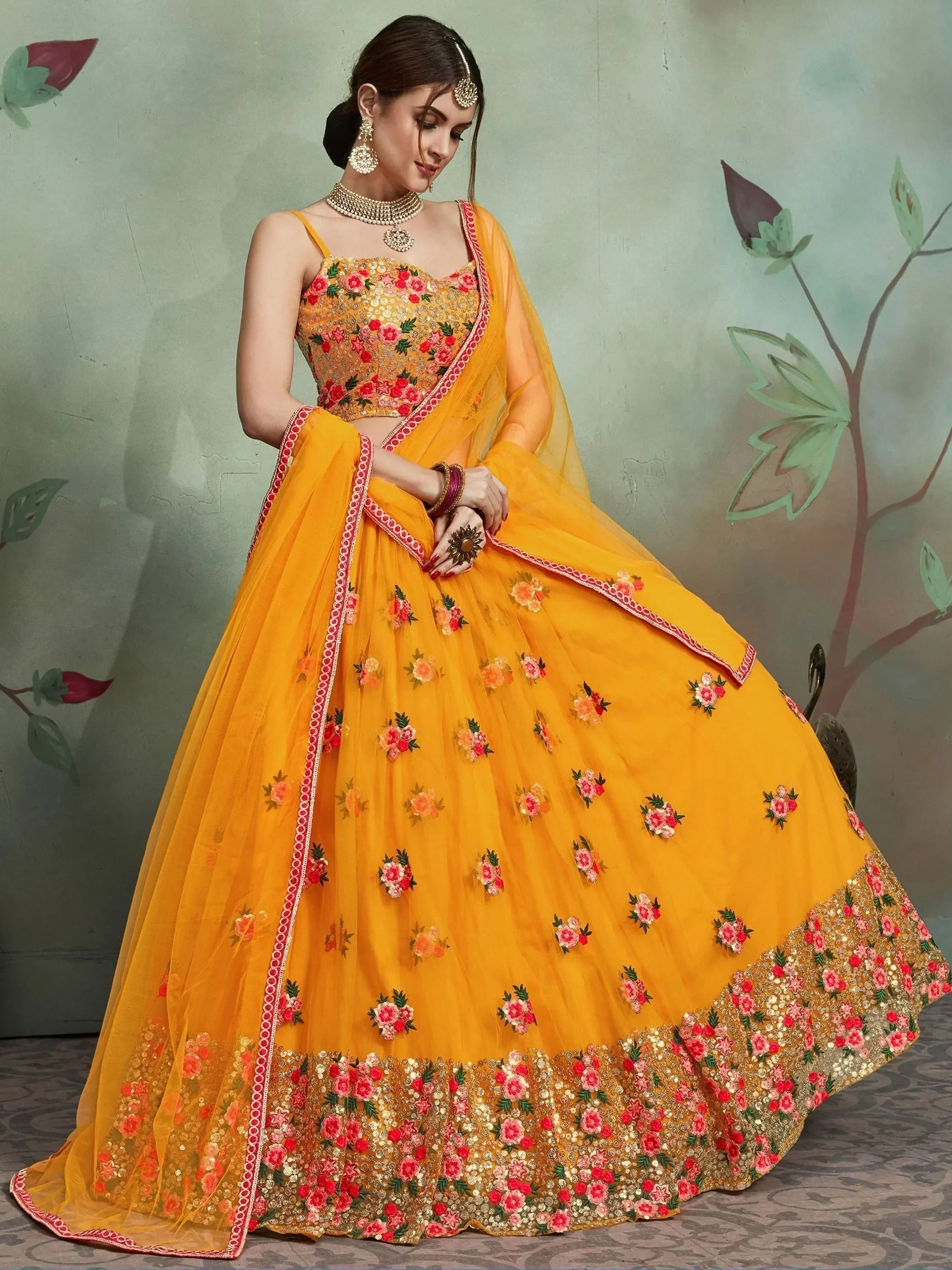 Mustard & Embroidered Semi-Stitched Myntra Lehenga & Unstitched Blouse with Dupatta