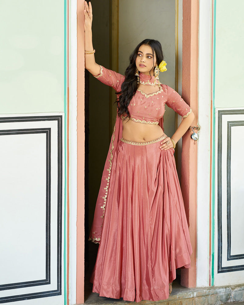 Peach Chinon Designer Lehenga Choli with Embroidery for Festive Occasions