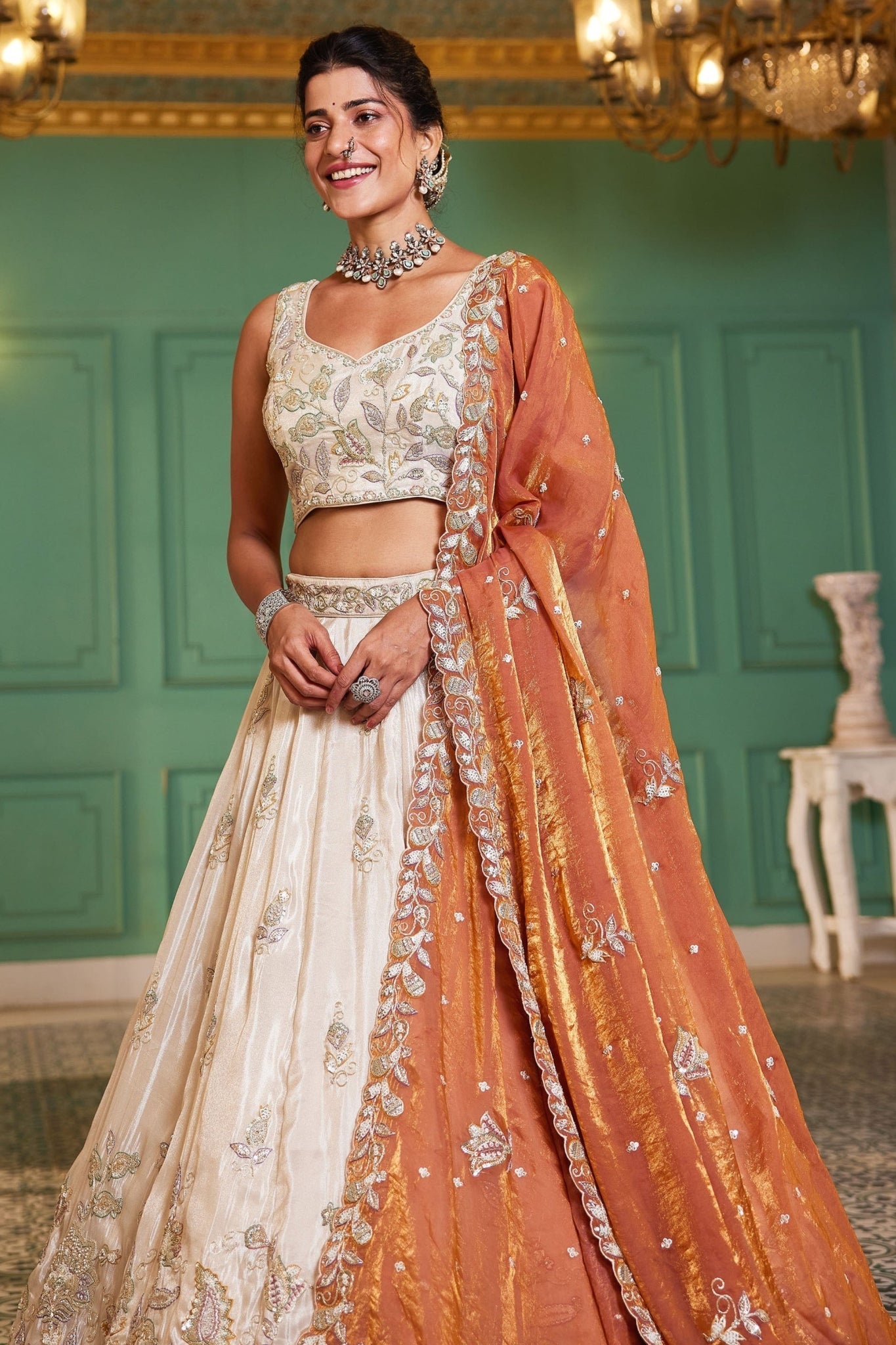 Premium Pure Tissue Ivory Orange Designer Lehenga Choli For Wedding & Festive Wear