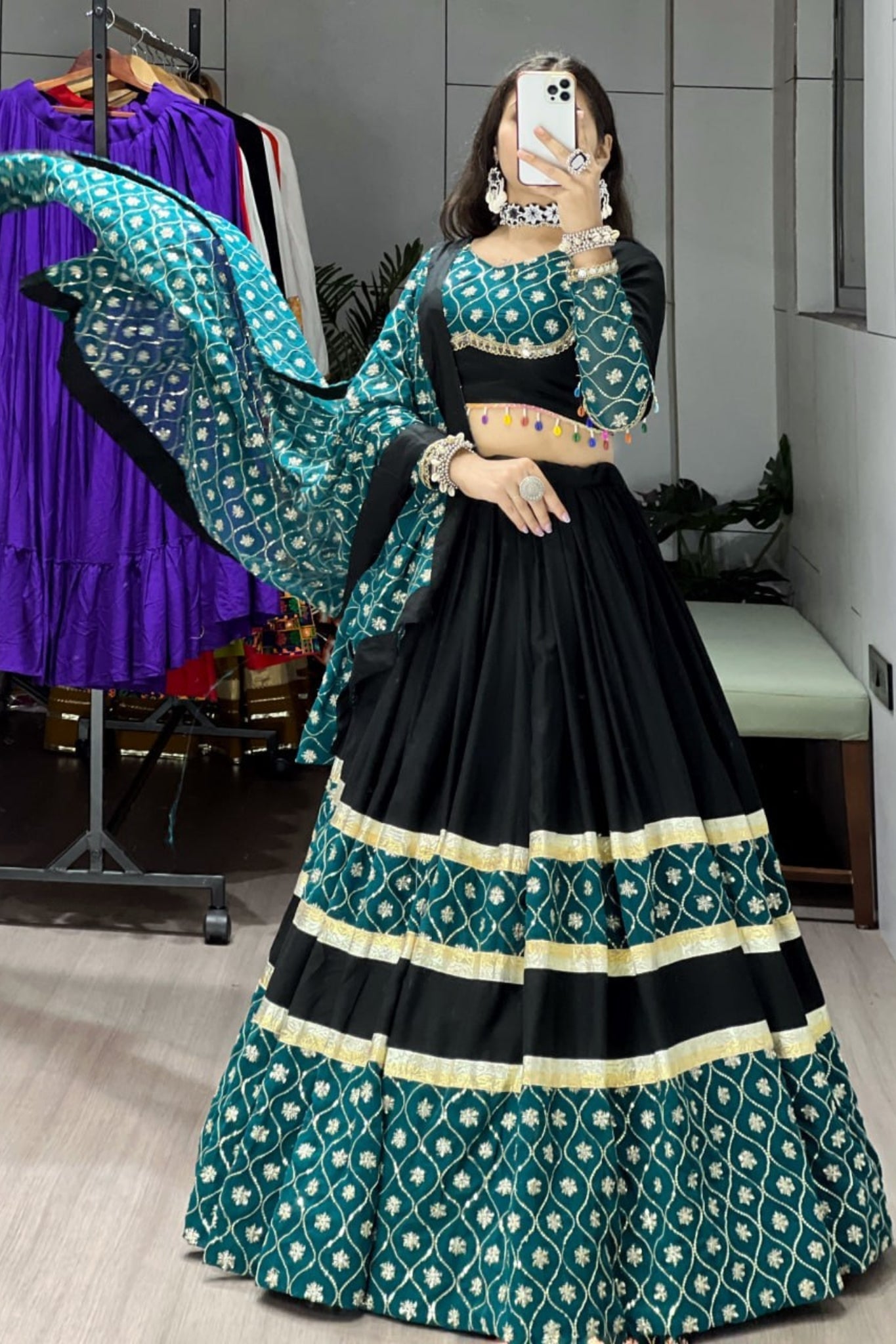Raasrang Designer Black And Teal Embroidered Navratri Lehenga Choli