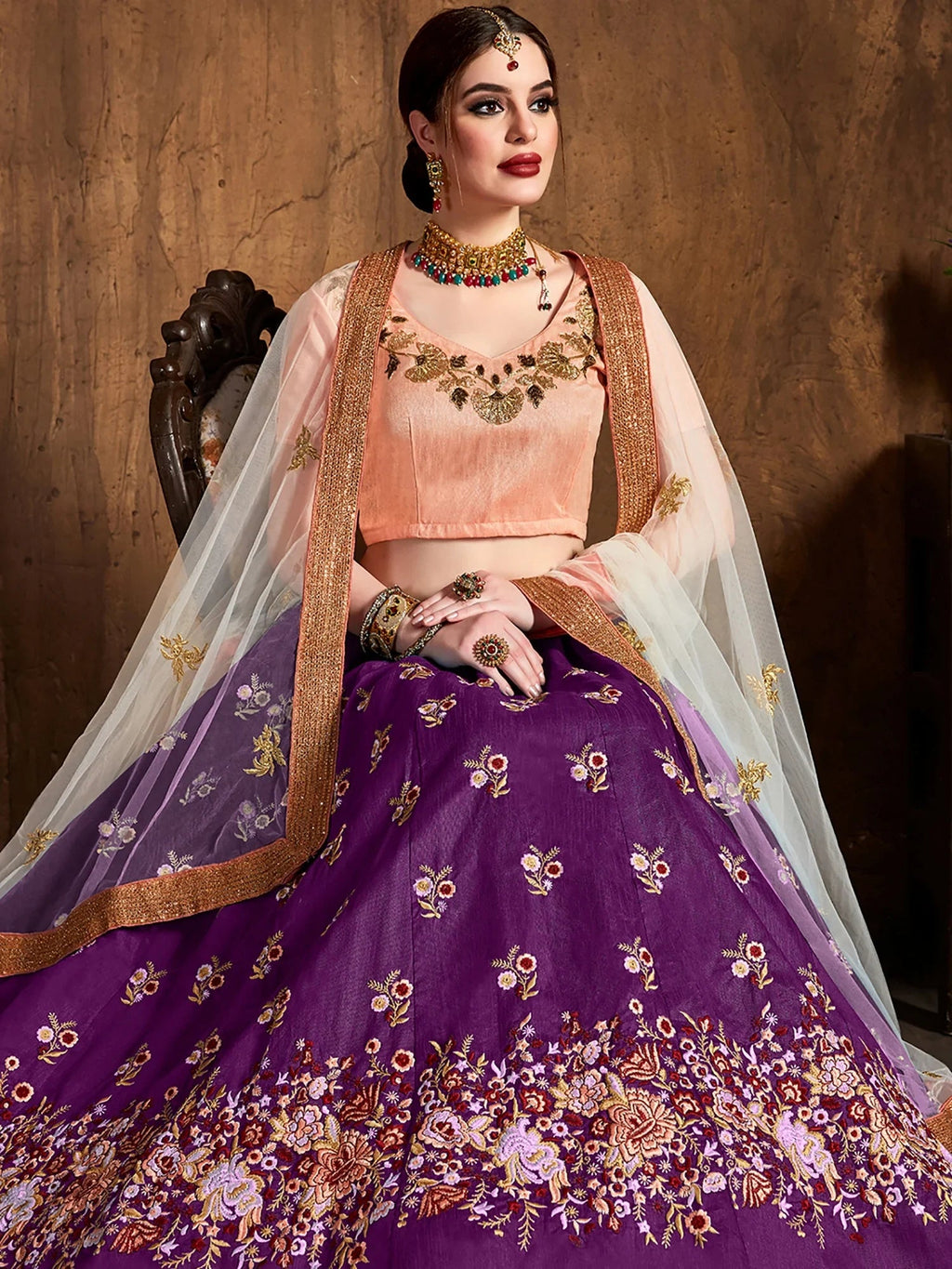 Gorgeous Purple Embroidered Silk Bridesmaid Plus Size Lehenga Choli