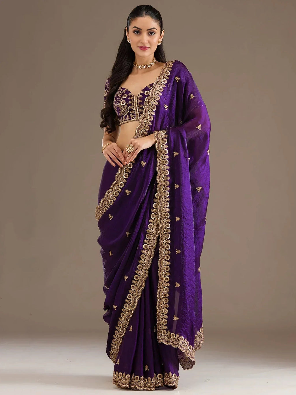 Purple Elegant Embroidered Tissue Silk Party Wear Saree With Blouse