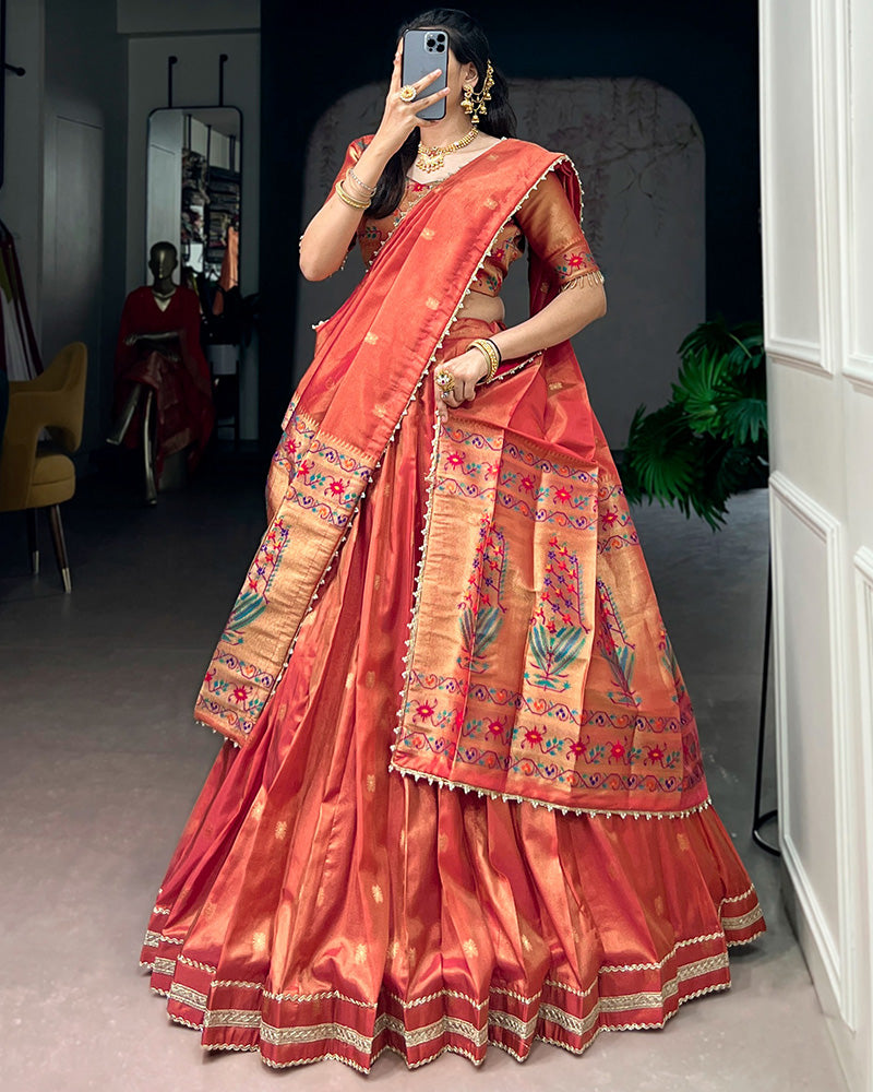 Coral Shimmer Silk Designer Lehenga Set for festive celebrations and wedding occasions