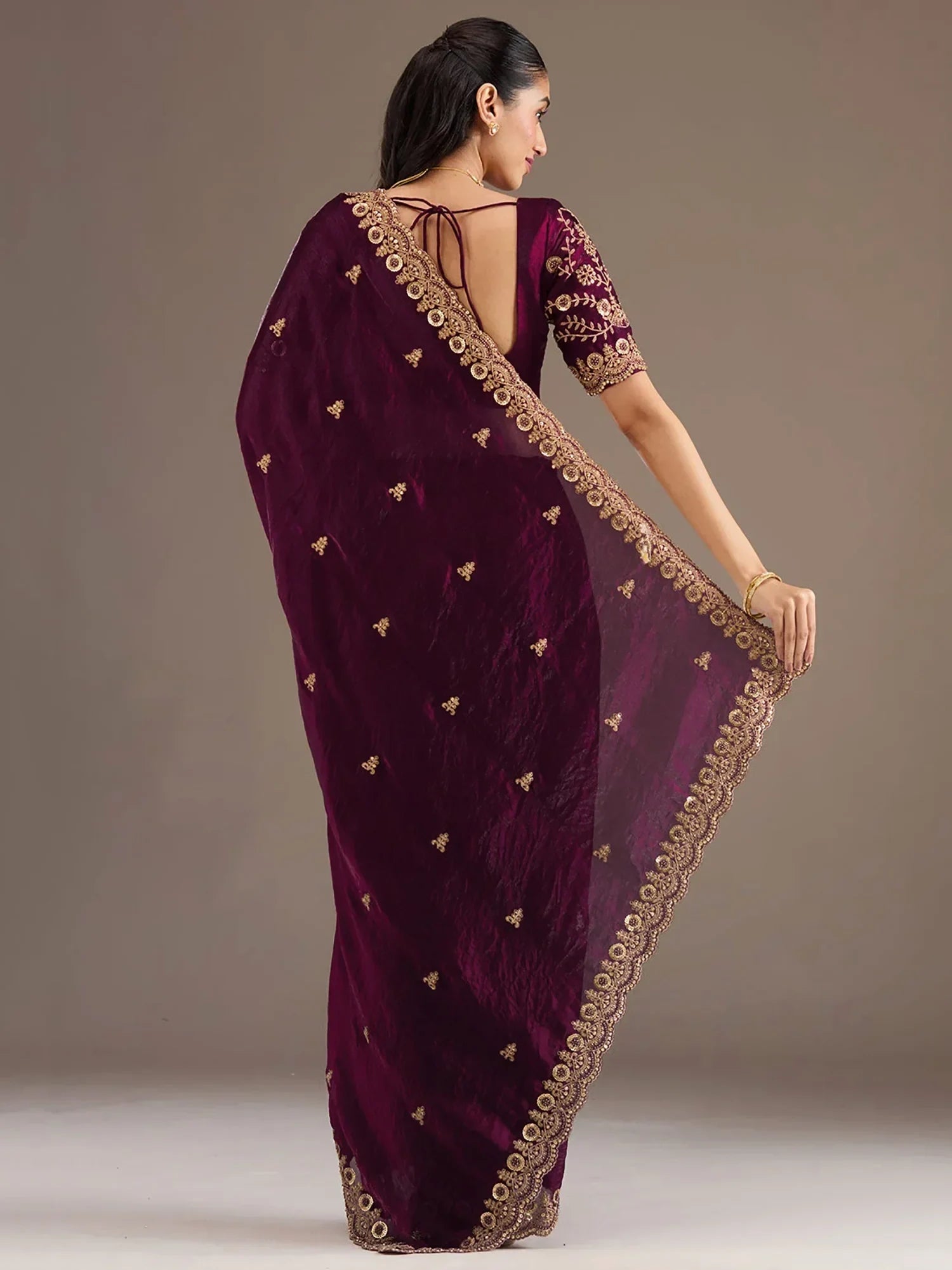 Wine Elegant Embroidered Tissue Silk Party Wear Saree With Blouse